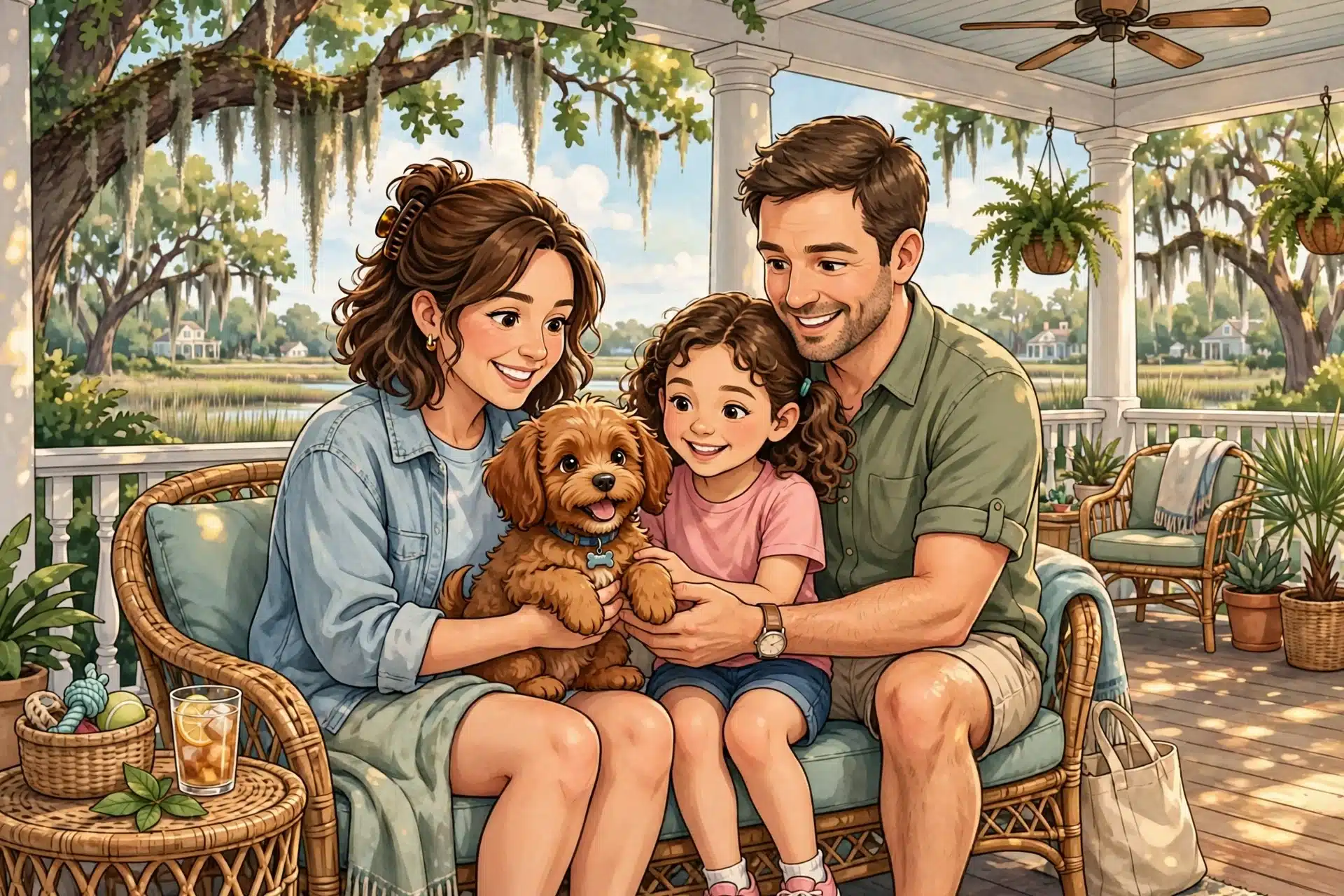 A family cuddling a red Cavapoo on a shaded Lowcountry porch