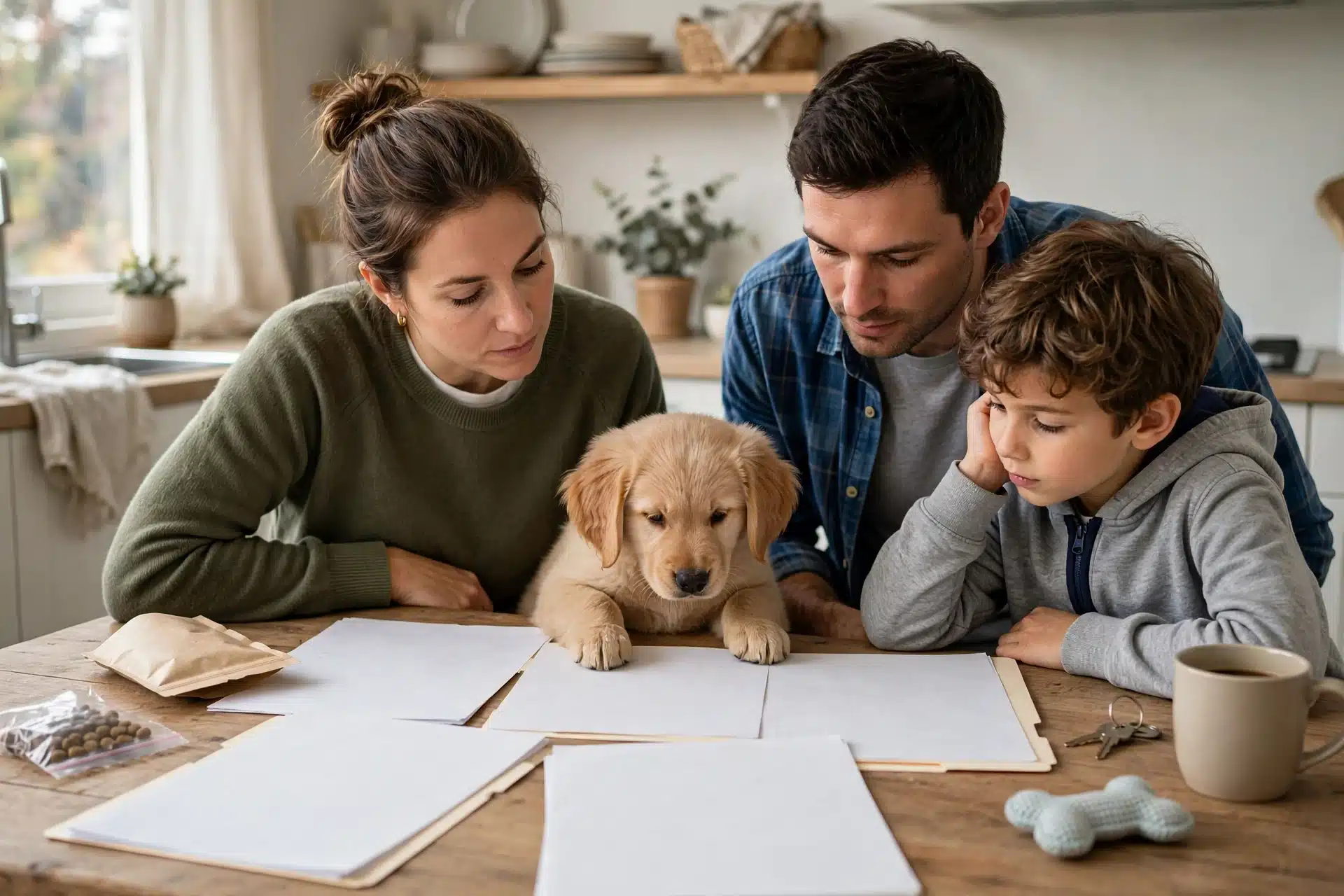 Family reviewing puppy vaccination records at kitchen table