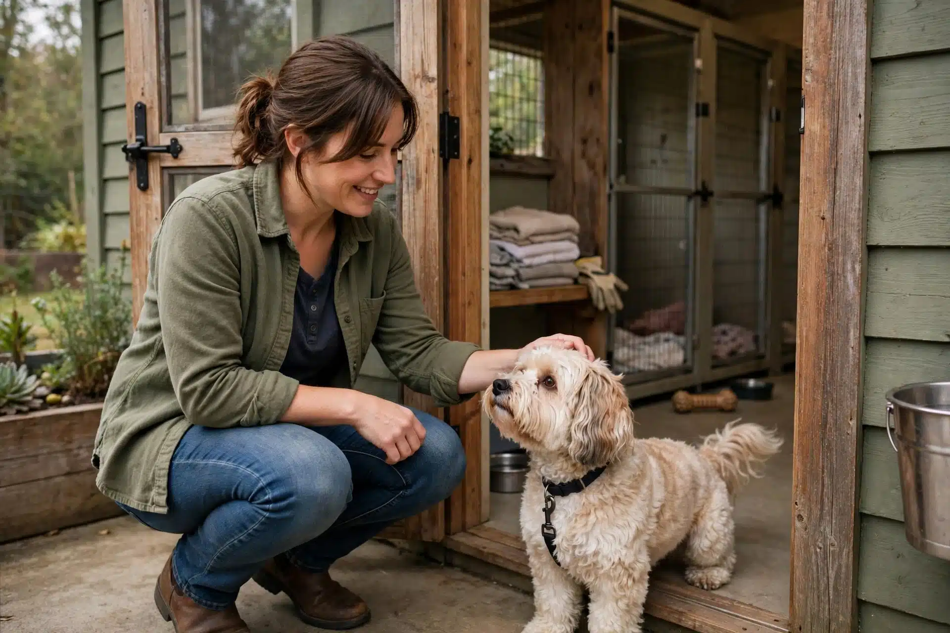 Breeder warmly greets returned Havanese at kennel doorway