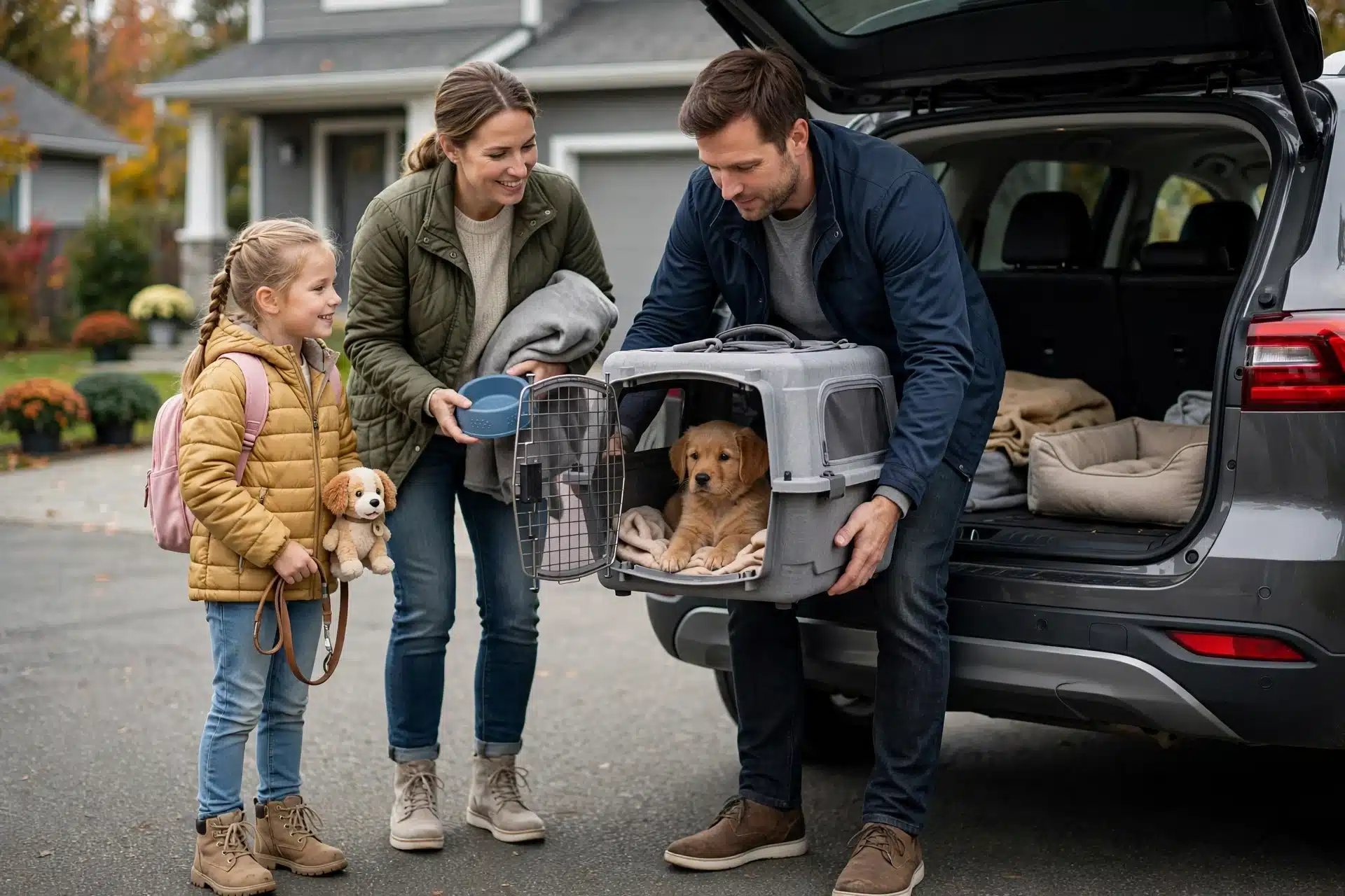 Family loading puppy crate into car