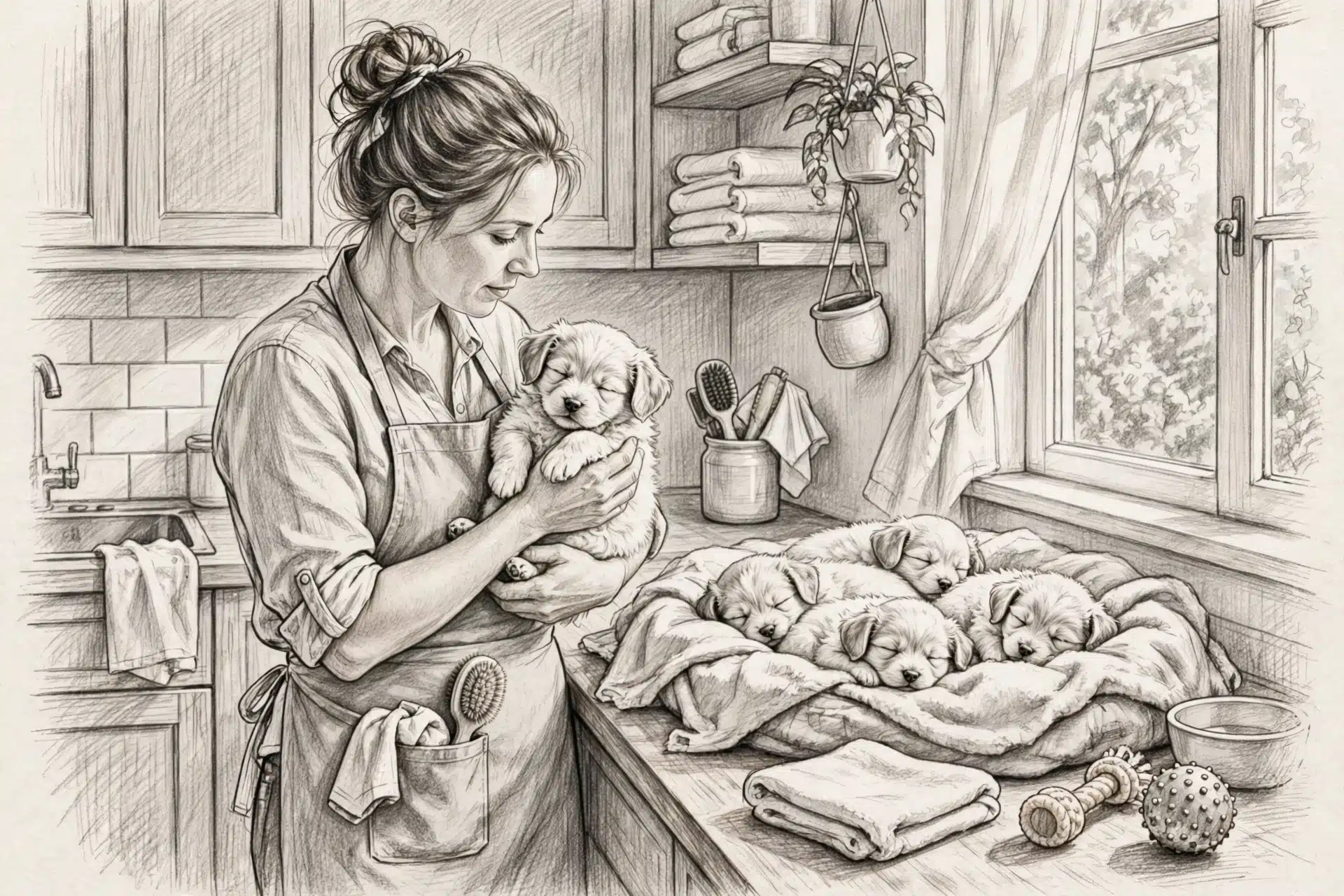 Breeder cradling puppy while littermates nap