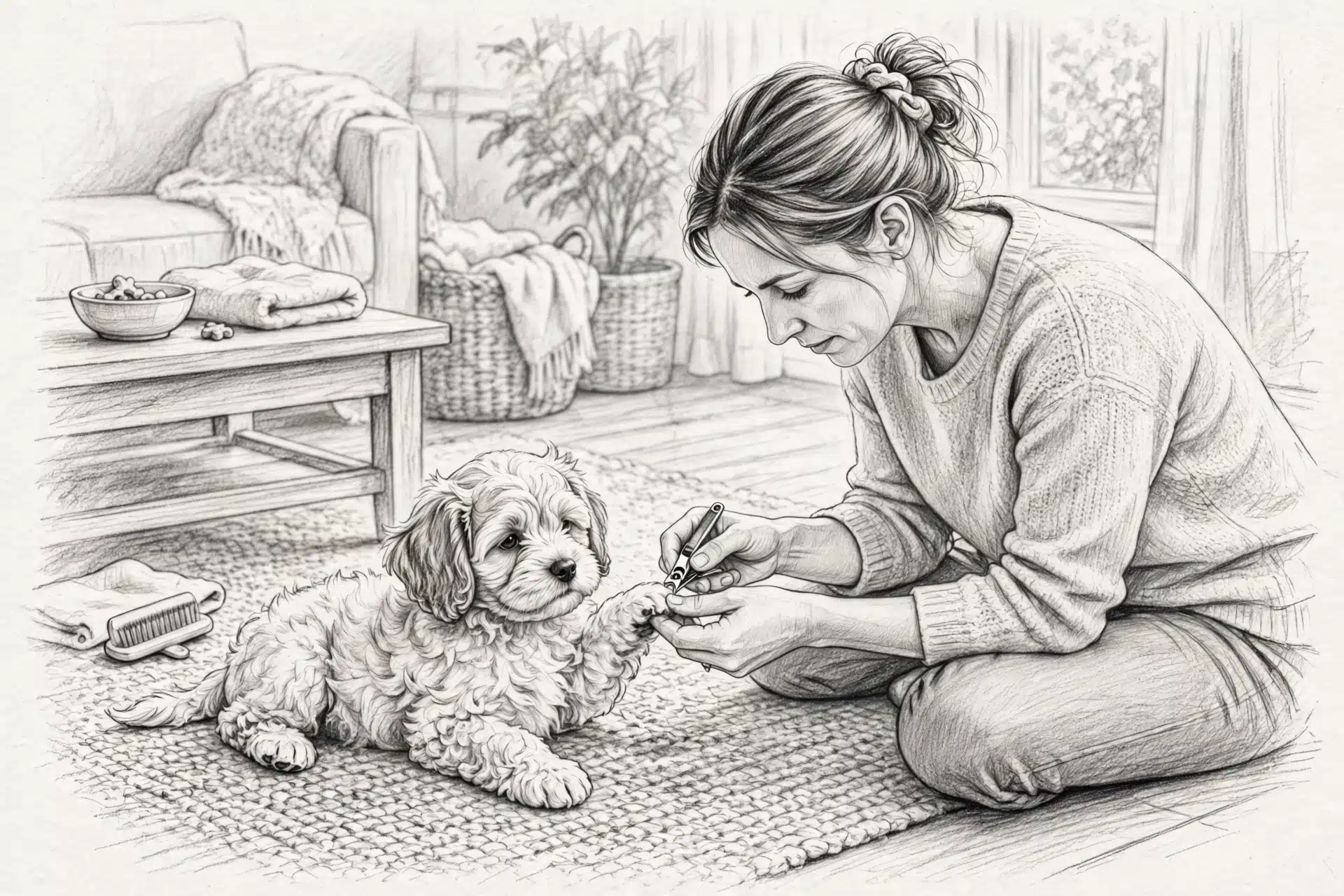 Breeder trimming puppy nails on rug