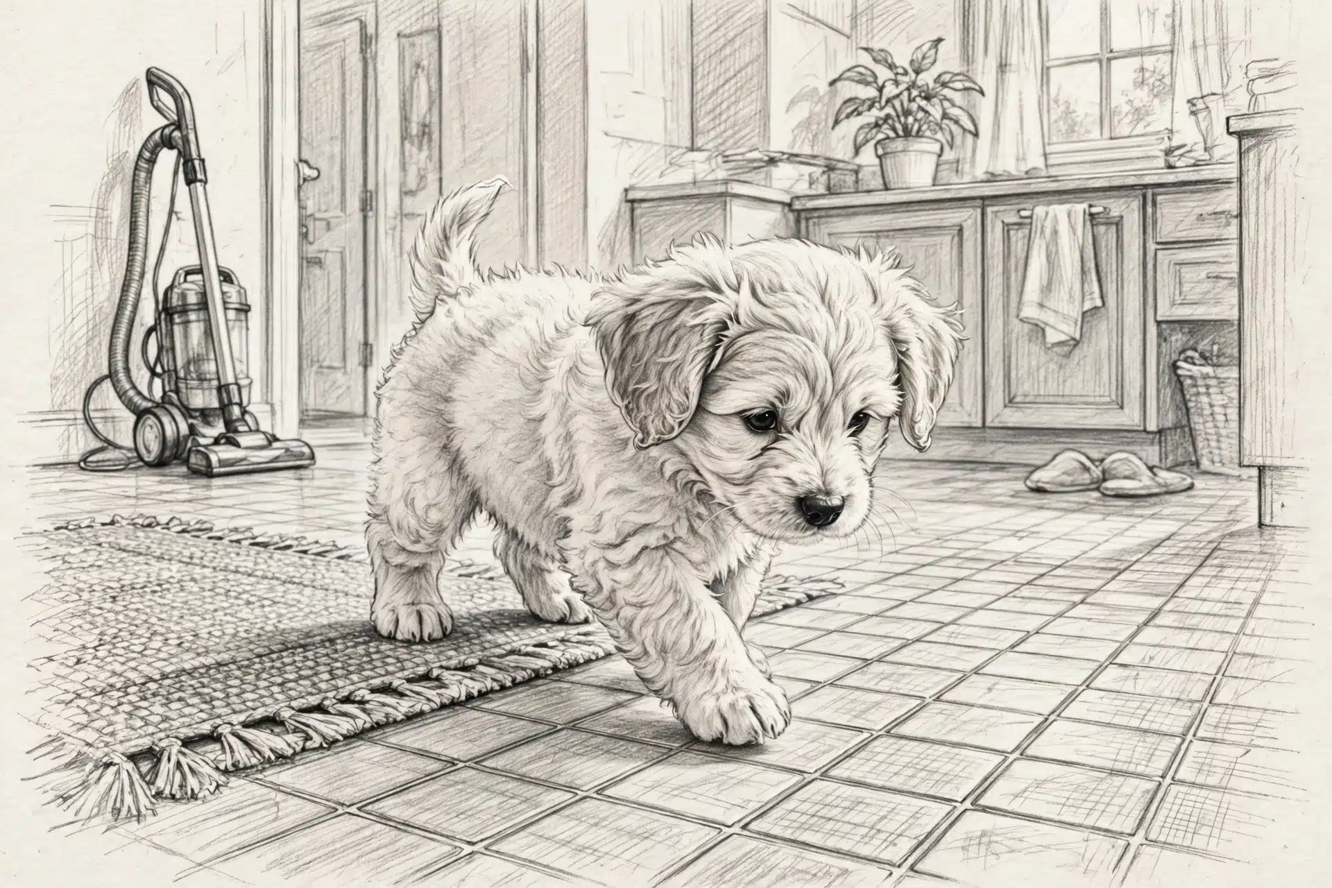 Curious puppy exploring tiled kitchen floor