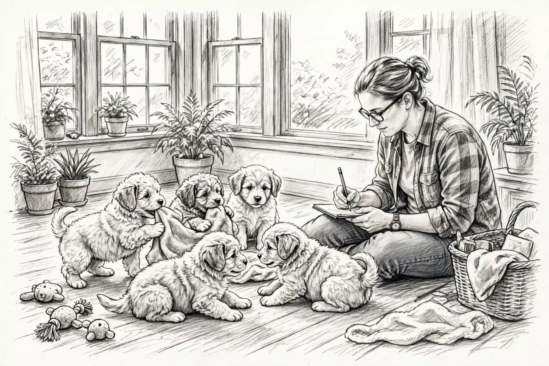 Breeder notes beside playful puppies on sunroom floor