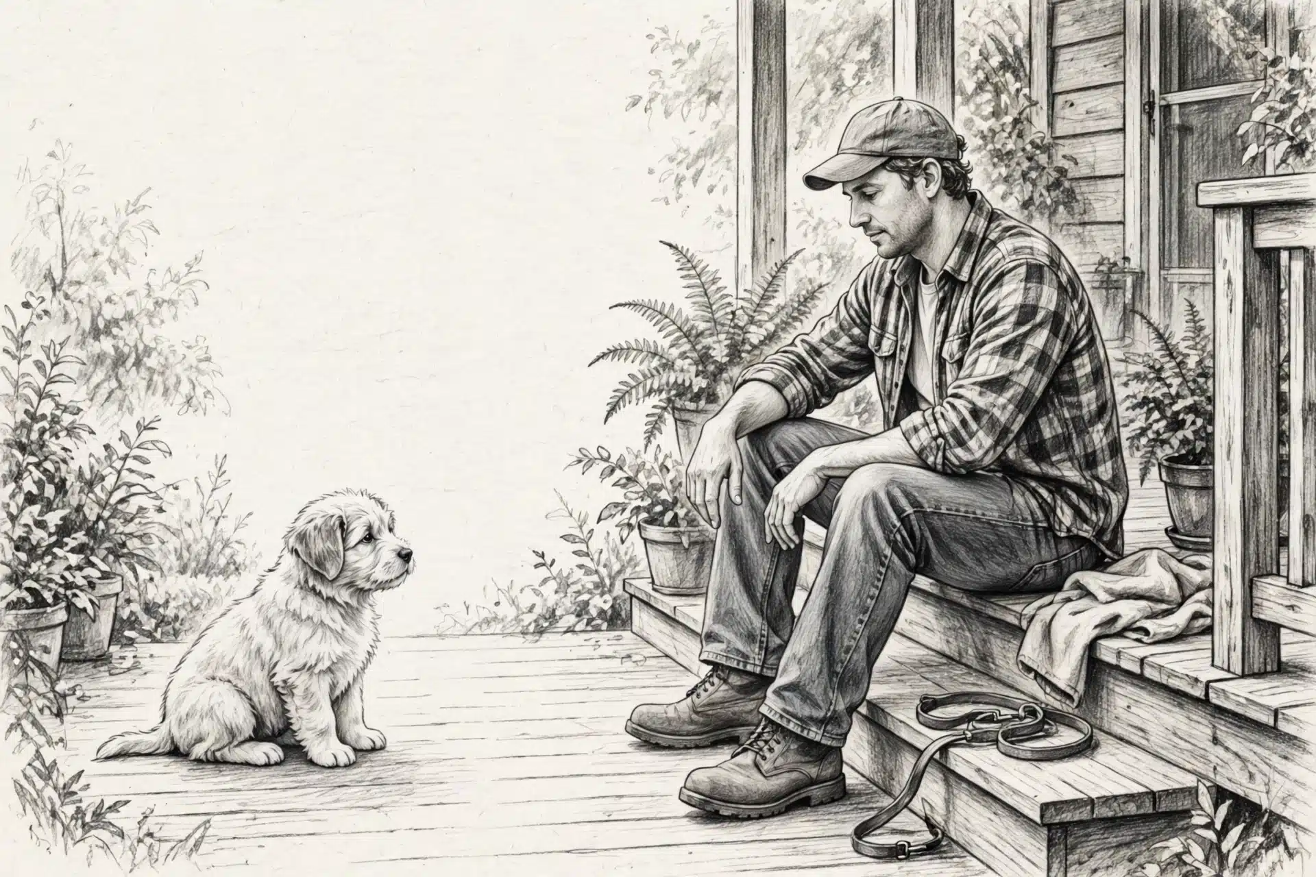Breeder on porch step waiting for hesitant puppy