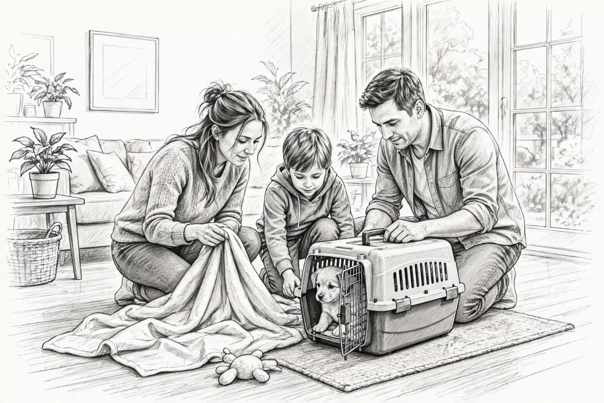 Family unpacking puppy crate with familiar blanket