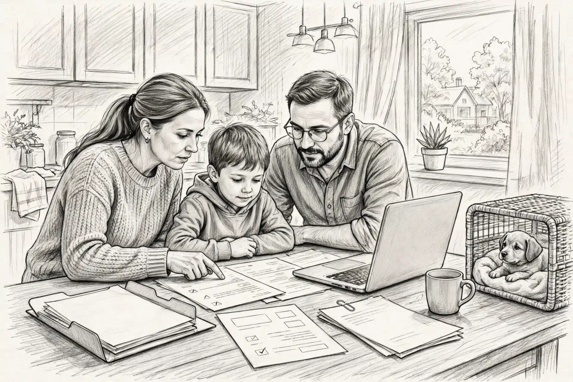 Family reviewing puppy health records at kitchen table