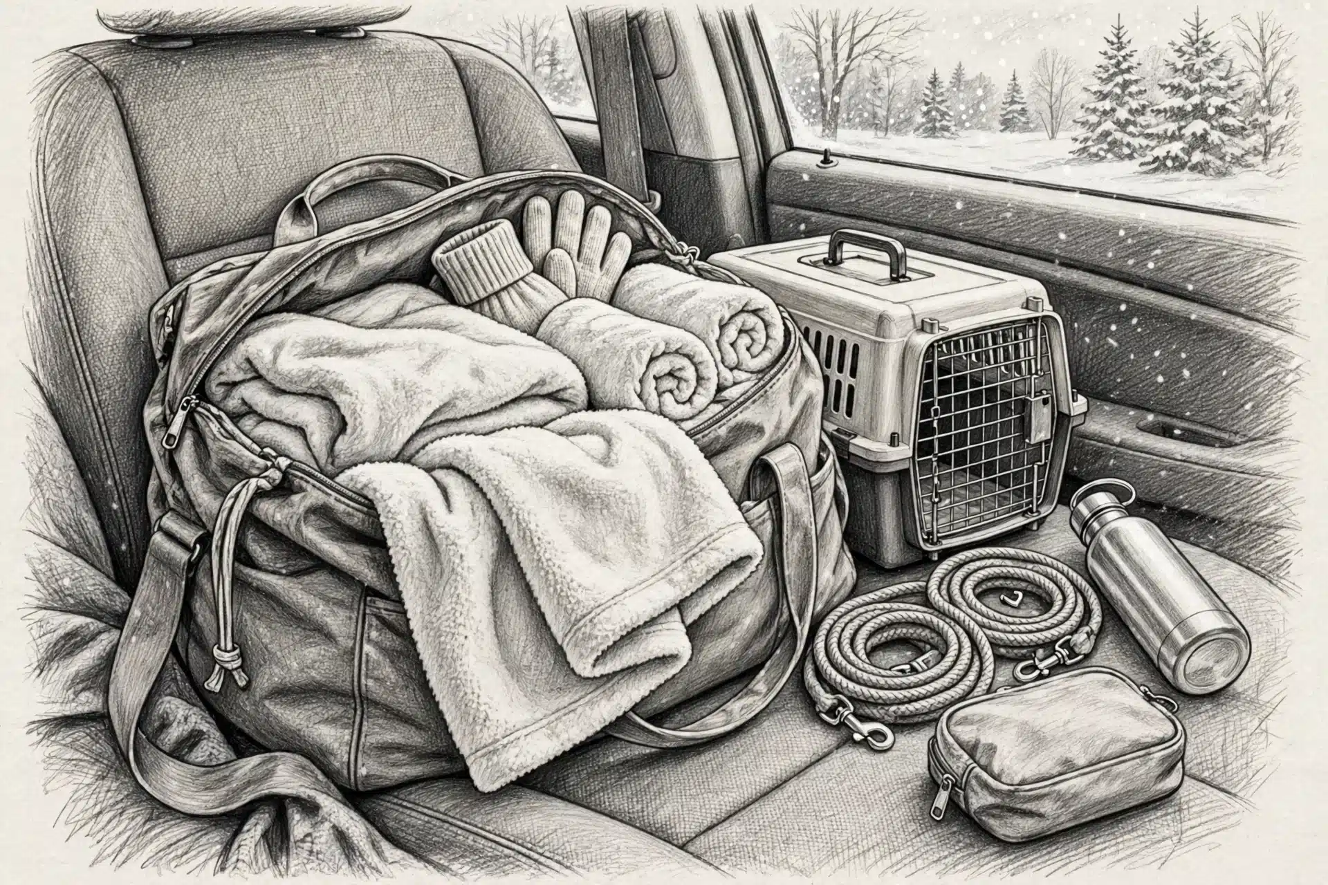 Pencil sketch of travel duffel on car seat