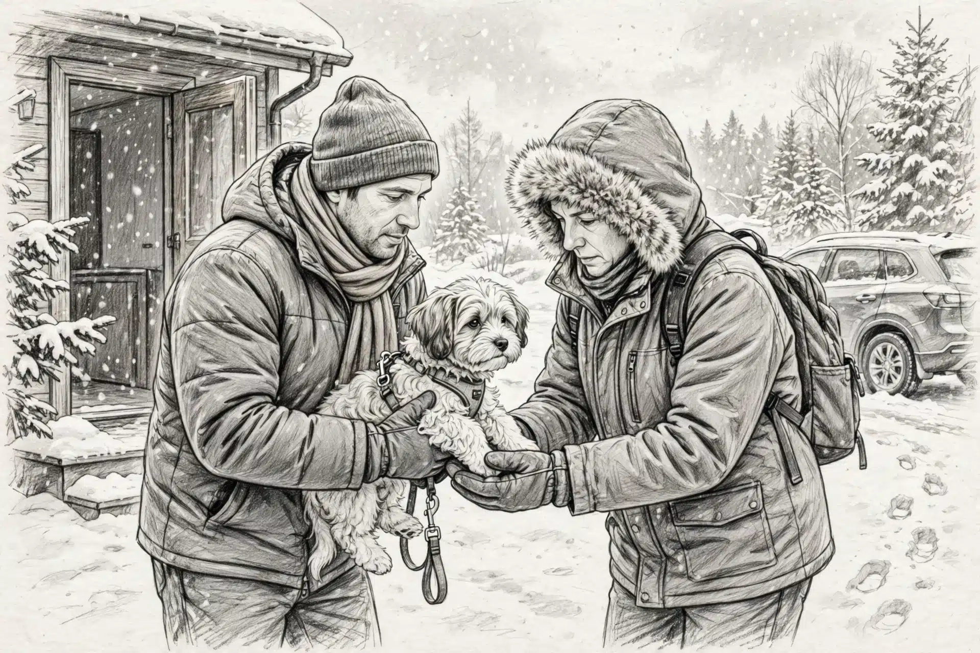 Breeder hands leashed puppy near snowy car