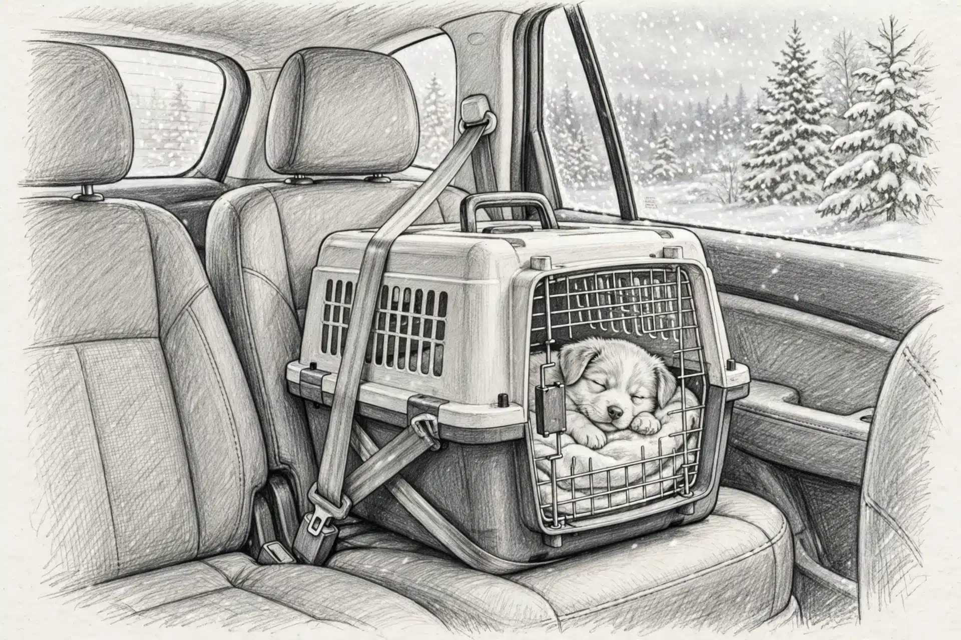 Puppy resting in secured crate on back seat