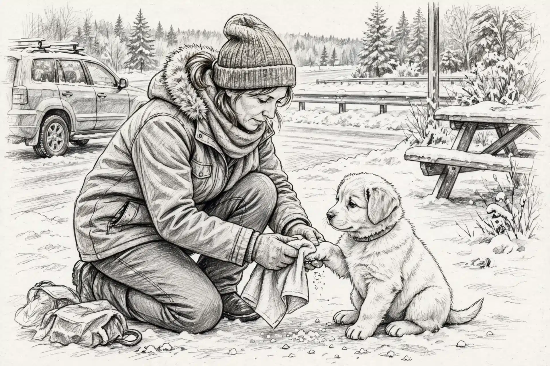 Parent wiping puppy paws at snowy rest stop