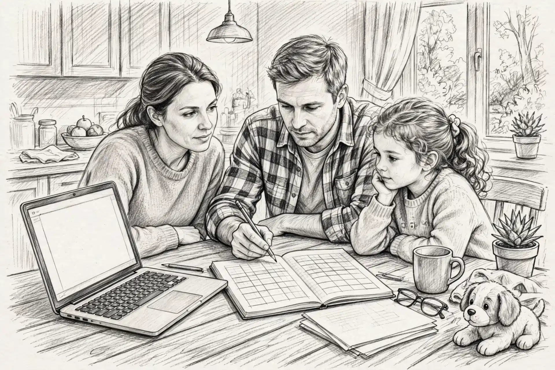 Family comparing breeder replies at kitchen table