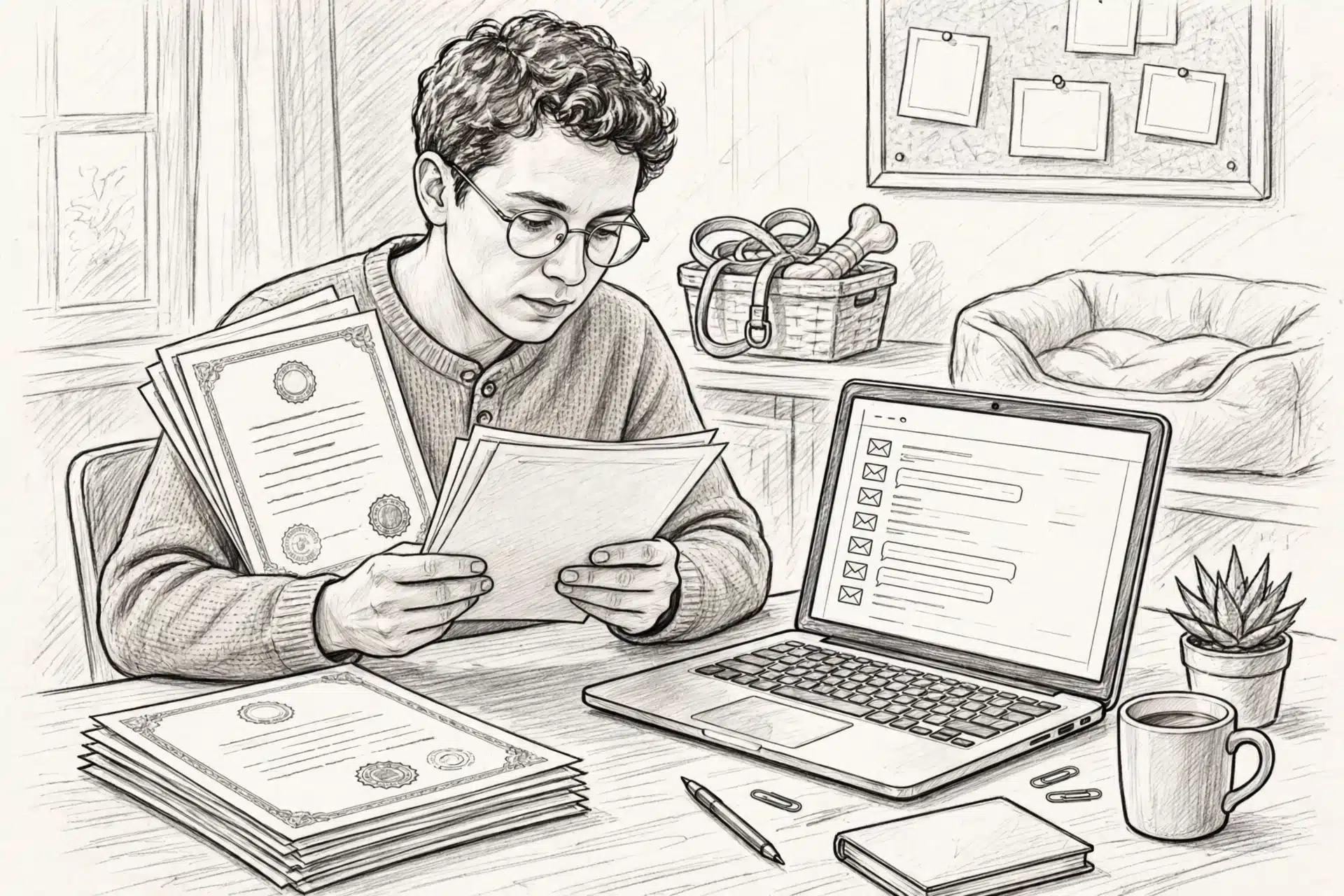 Pencil sketch of breeder reviewing health certificates
