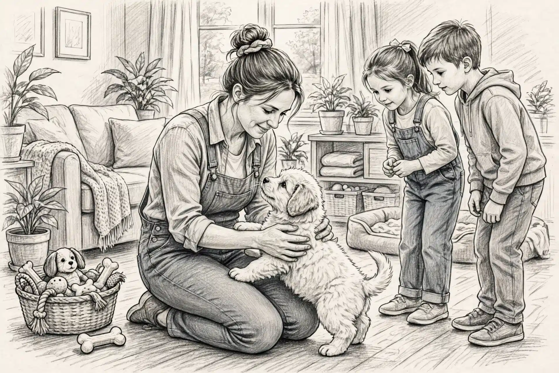 A breeder kneels as a puppy climbs into her lap