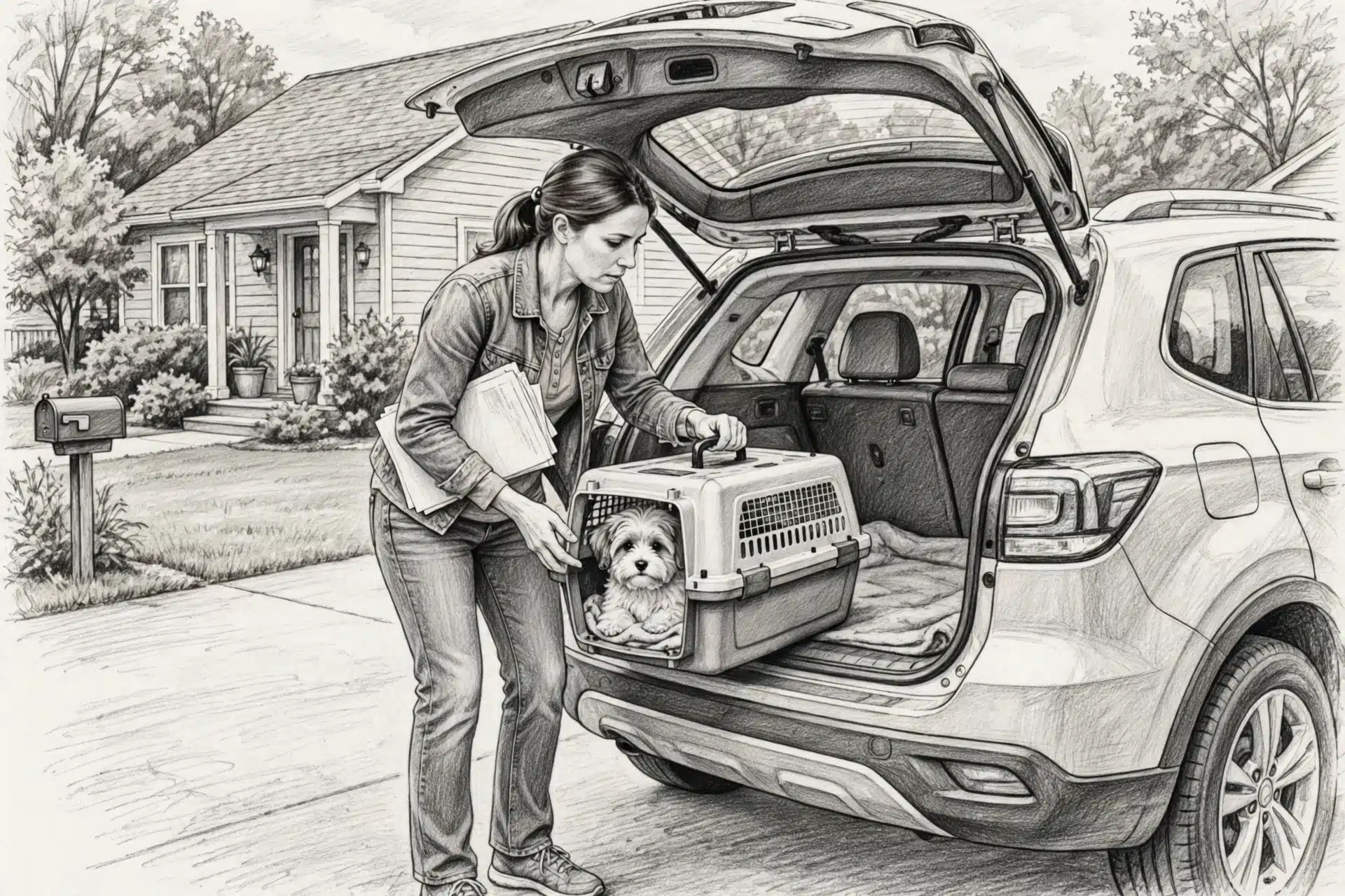 Woman loading Havanese puppy carrier into car