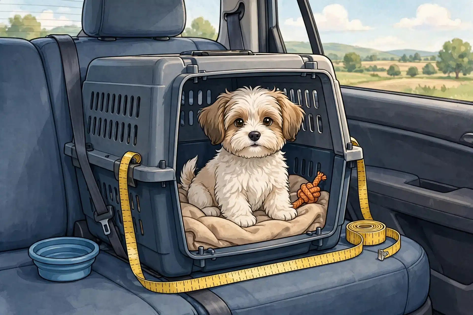 A small Havanese puppy inside a hard-sided crate on a car seat