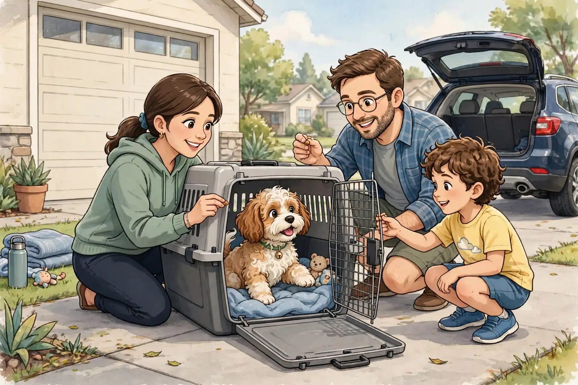 Family rewarding puppy near open car crate