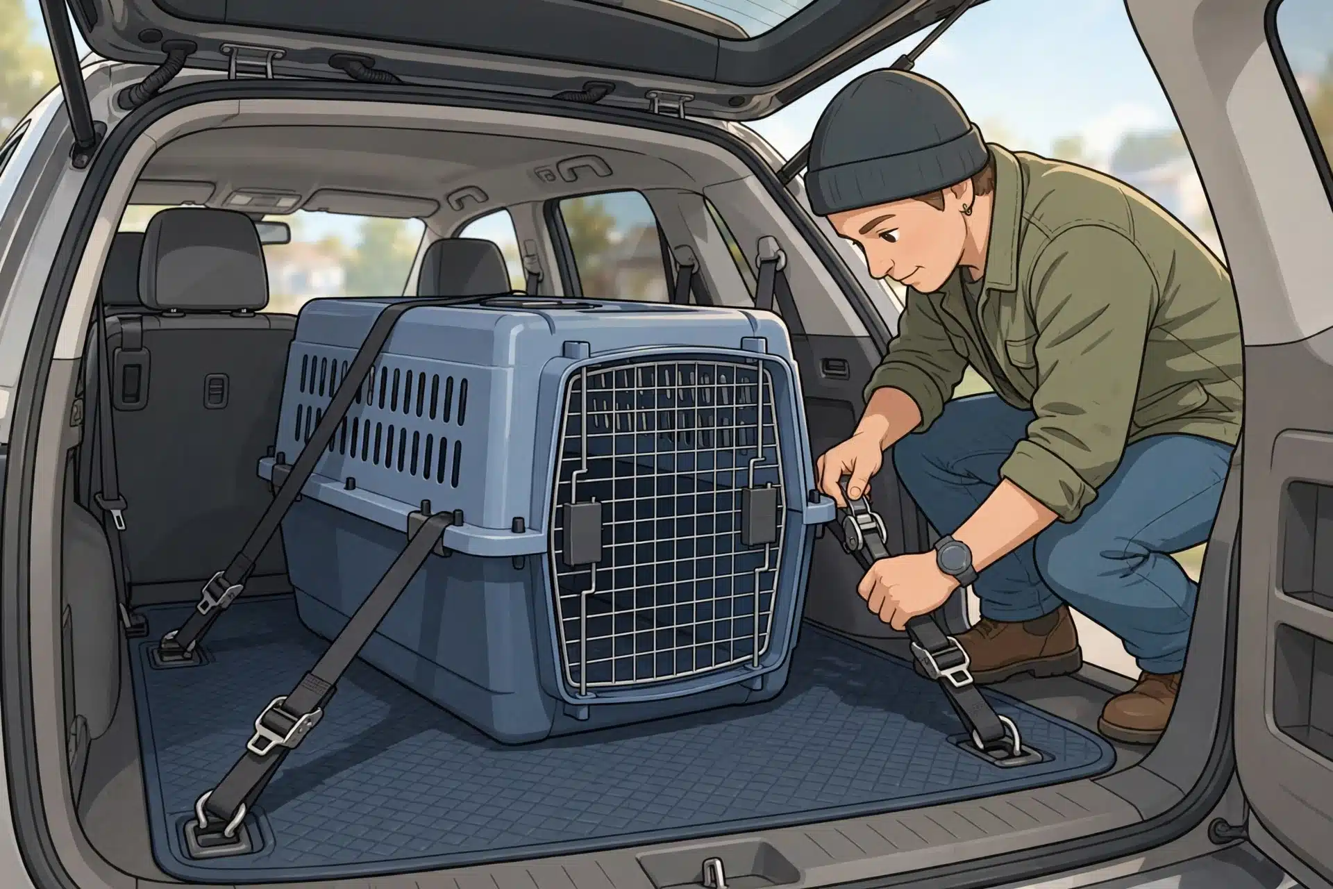 Securing a dog crate with cargo straps