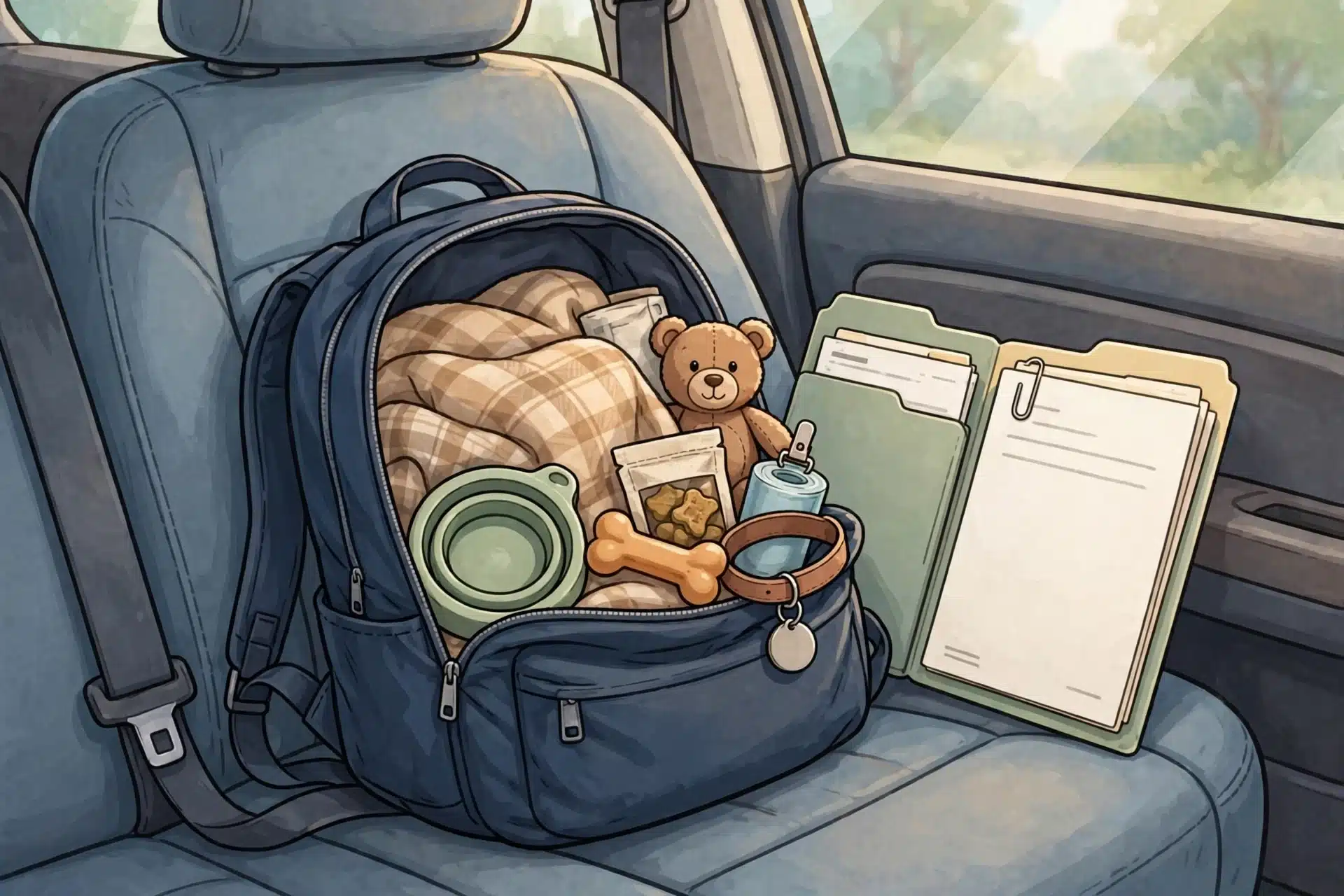 Open backpack with puppy supplies beside health folder