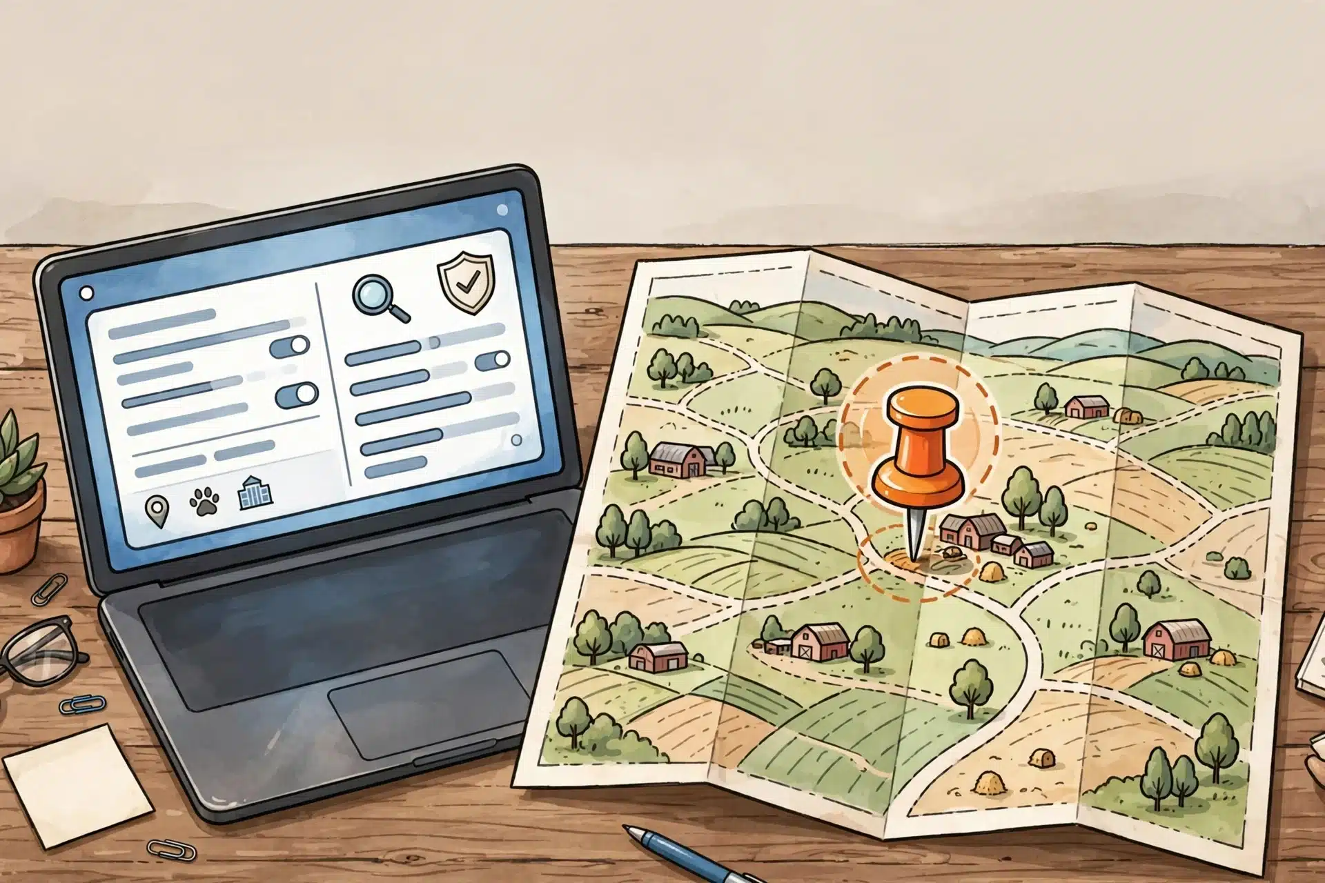 Laptop map cross-checking rural kennel address