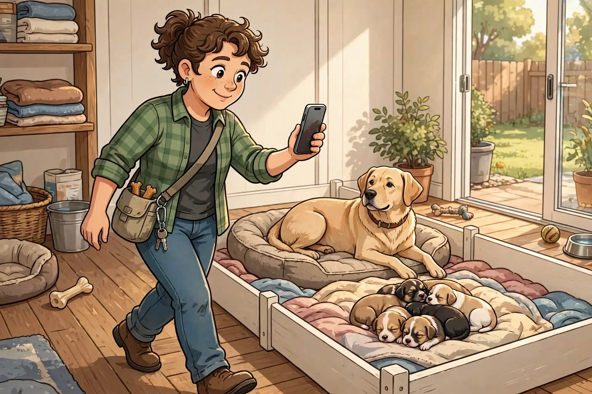 Breeder streaming live video walkthrough of puppy area