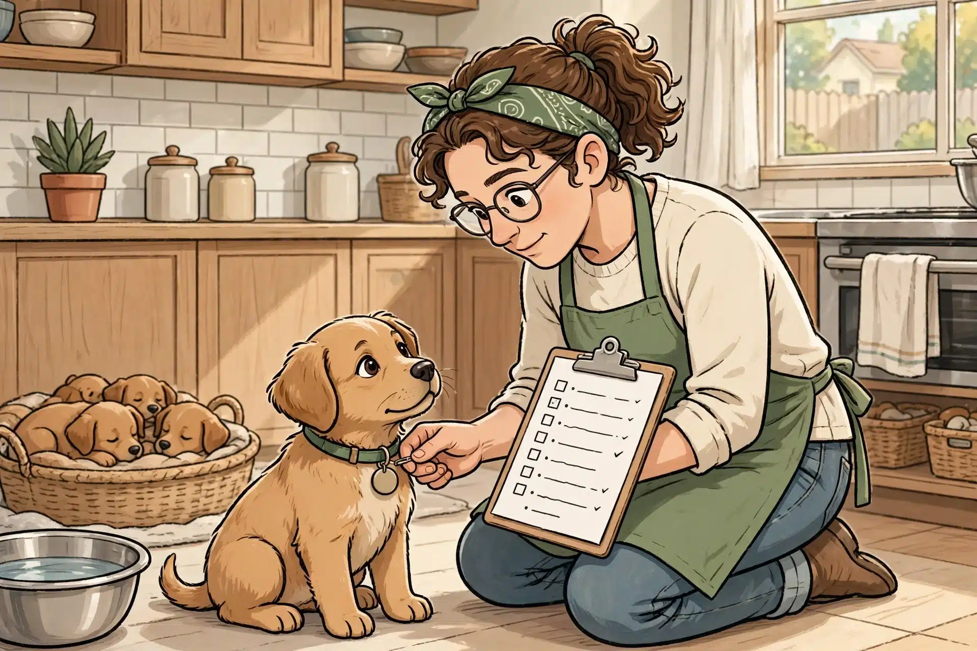 Breeder checking puppy tag against clipboard record