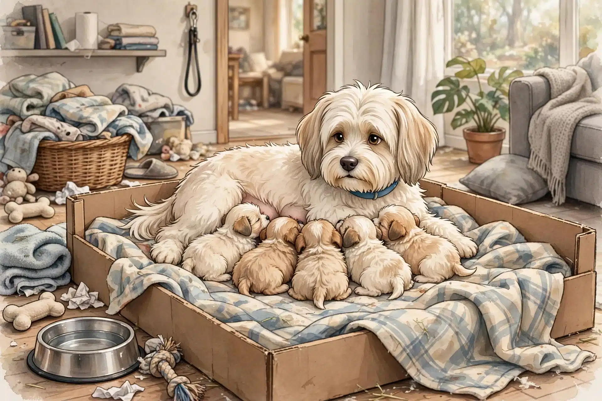Mother dog nursing puppies in bright home space