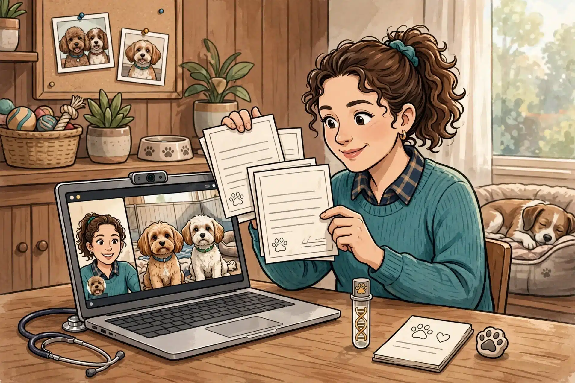 Breeder showing health certificates to laptop camera