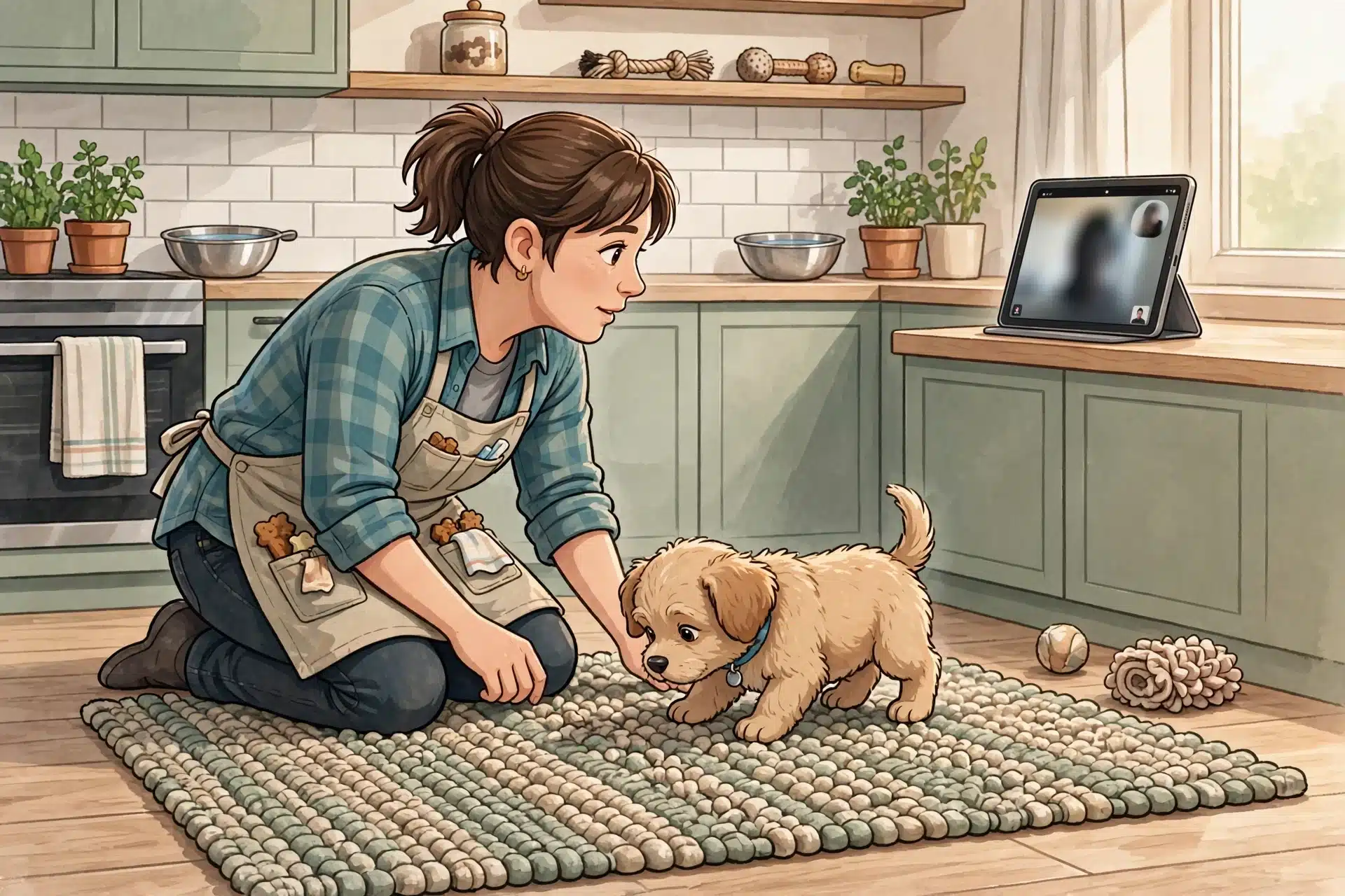 Breeder kneeling as puppy explores textured rug