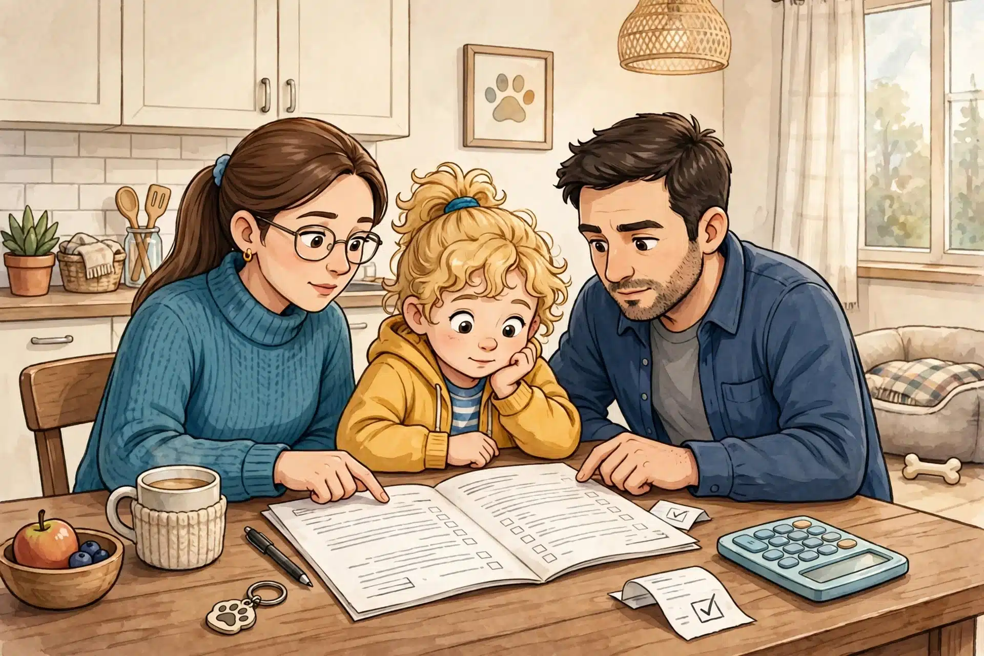 Family reviewing puppy contract at kitchen table