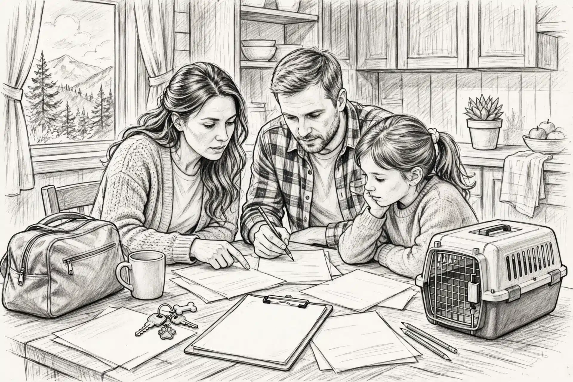 Family reviewing puppy pickup notes at table