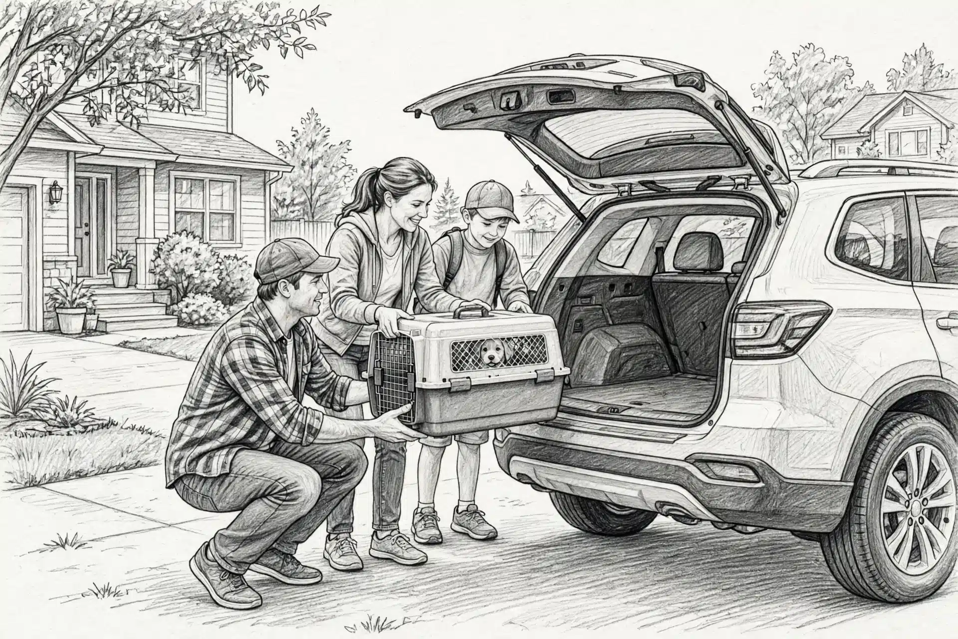 Family loading puppy crate into SUV