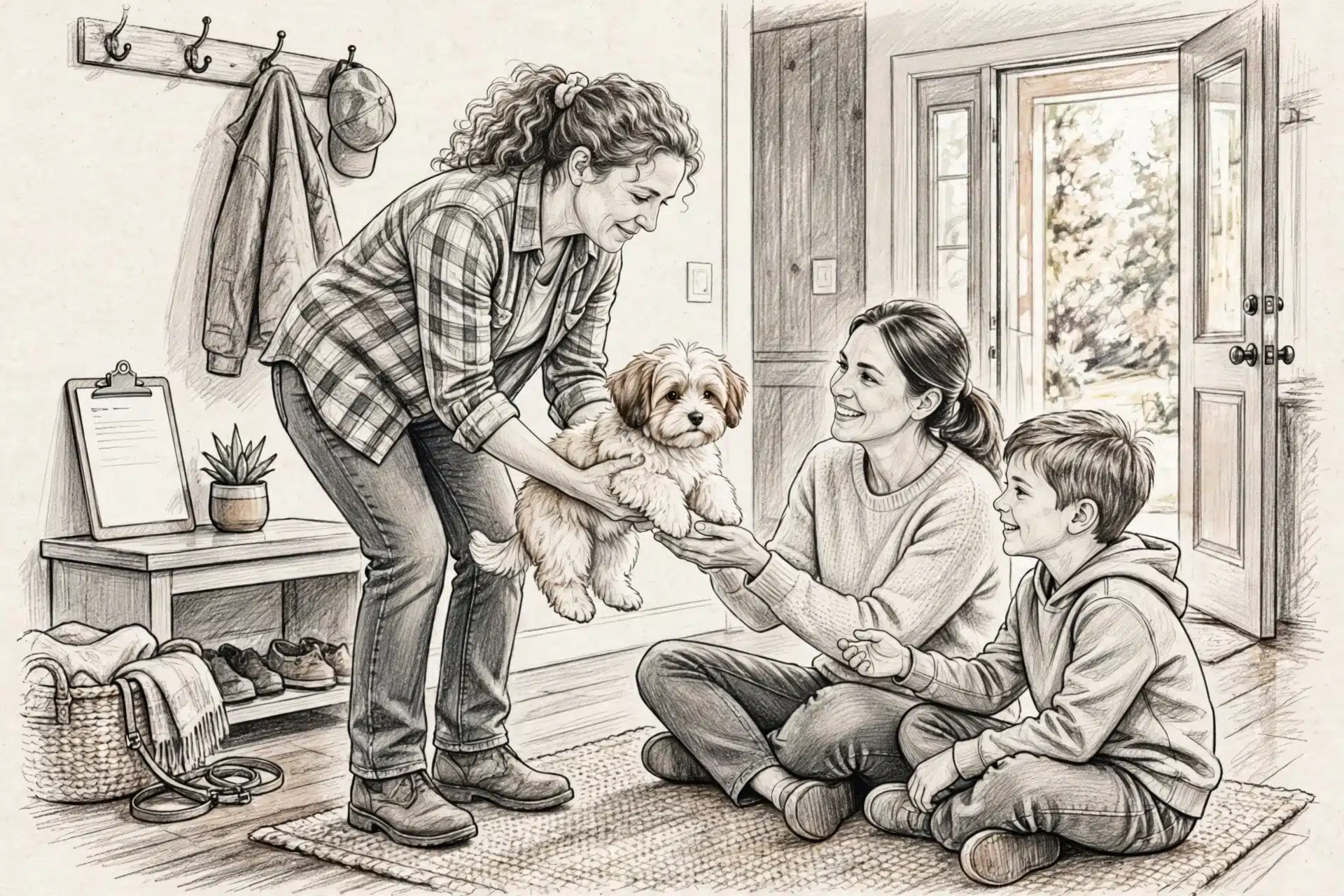 Breeder passing fluffy puppy to smiling family
