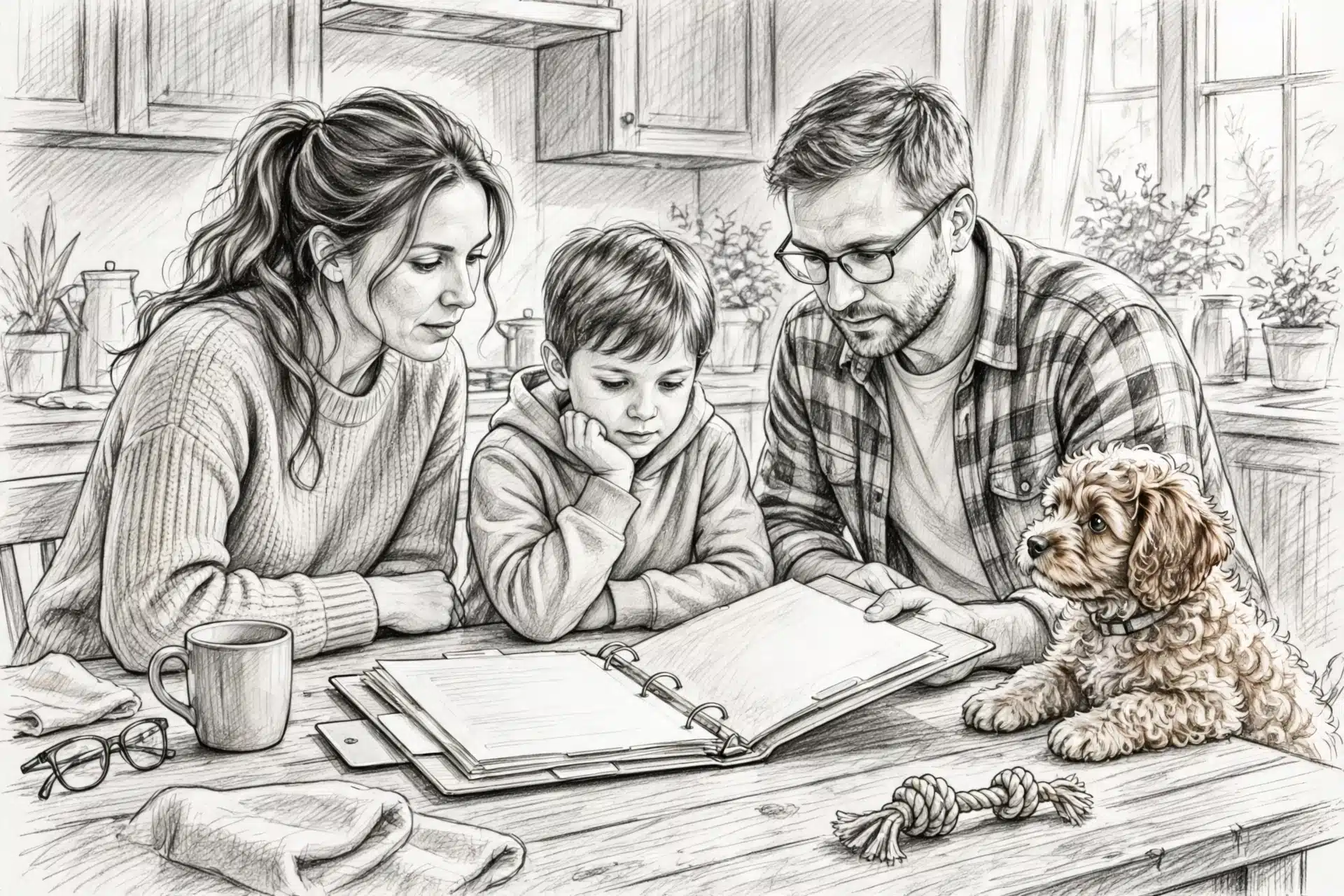 Family reviewing puppy paperwork with Havapoo nearby