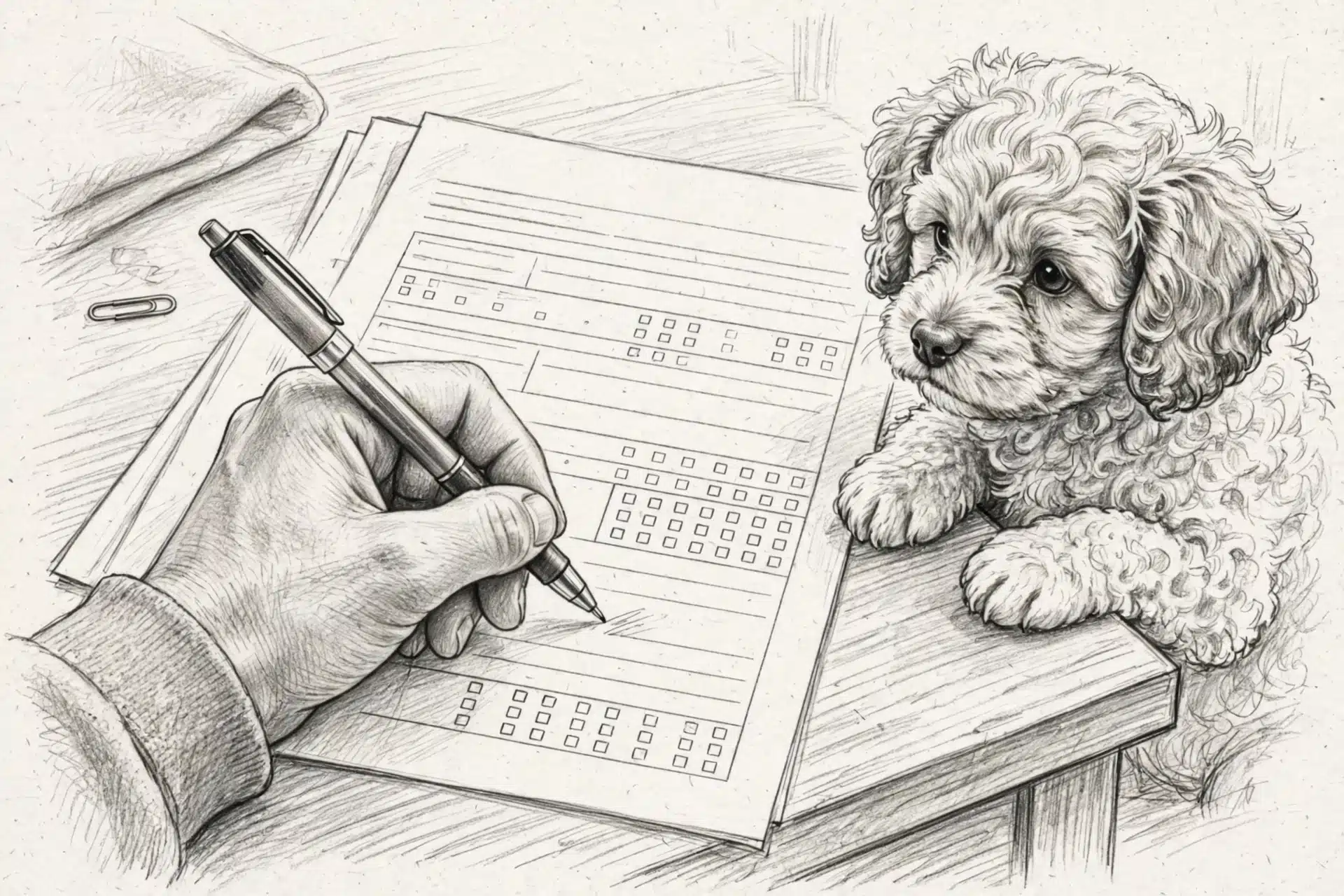 Pen signing registration beside Havapoo puppy