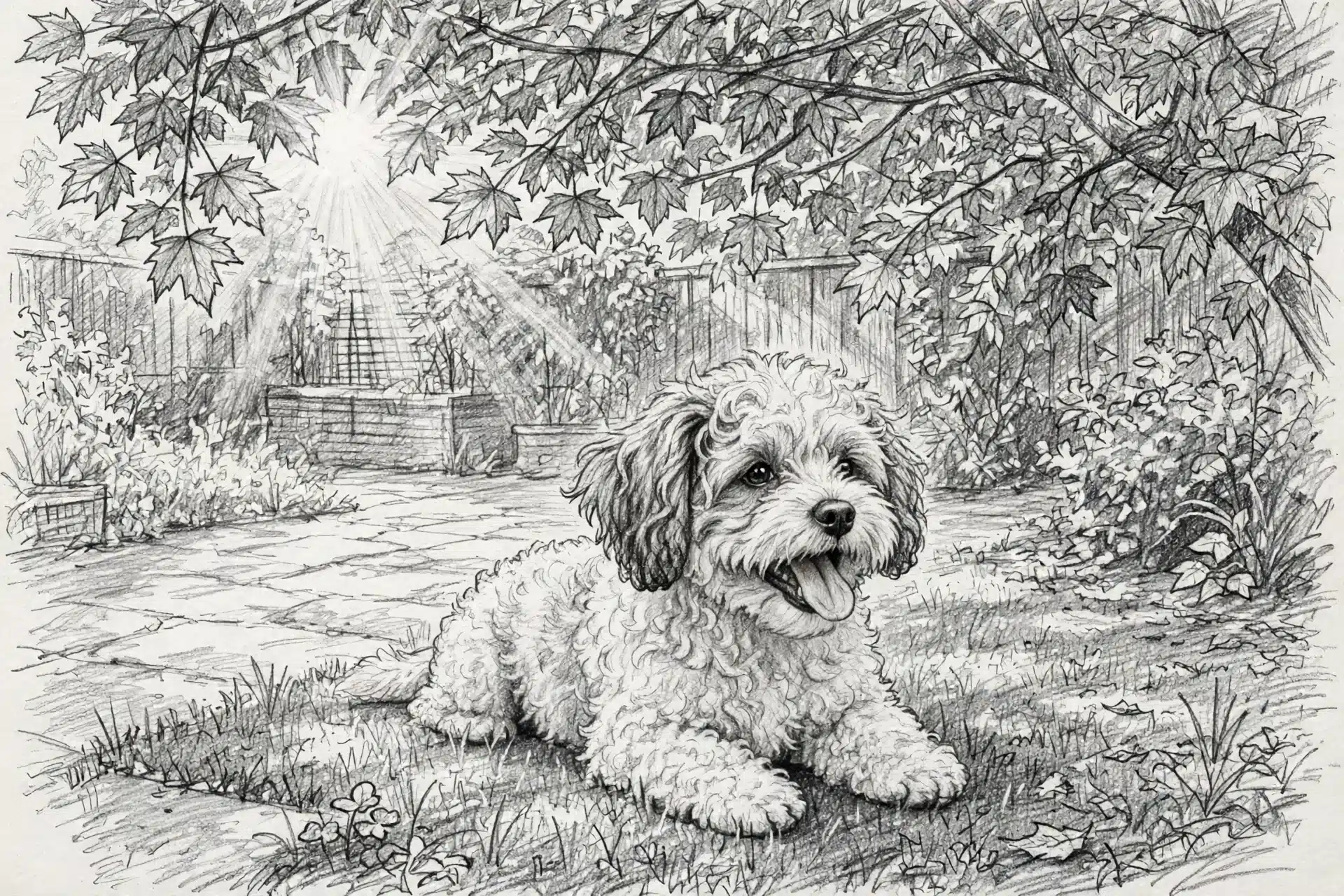 Panting puppy resting in leafy backyard shade