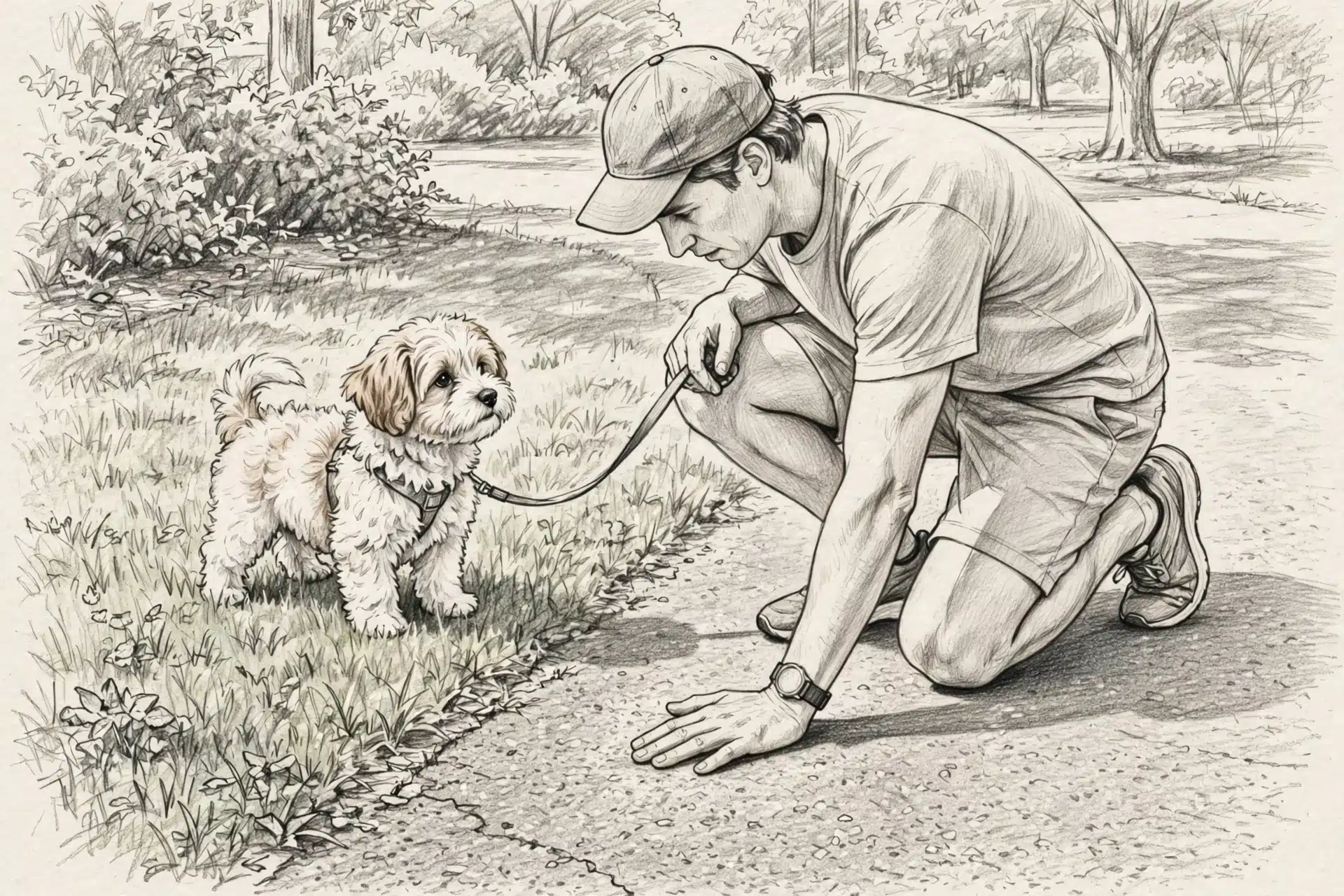 Hand testing hot asphalt beside puppy on grass
