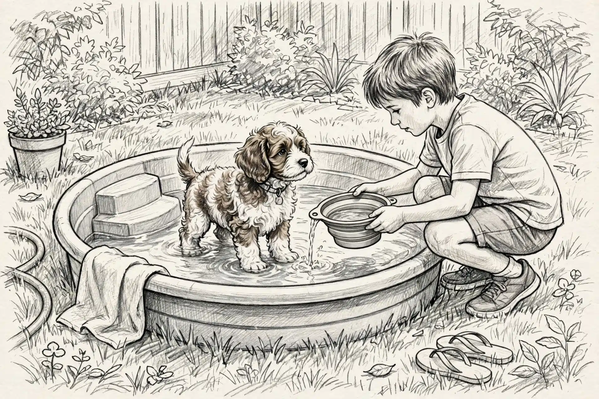 A child offers water to a puppy in a kiddie pool