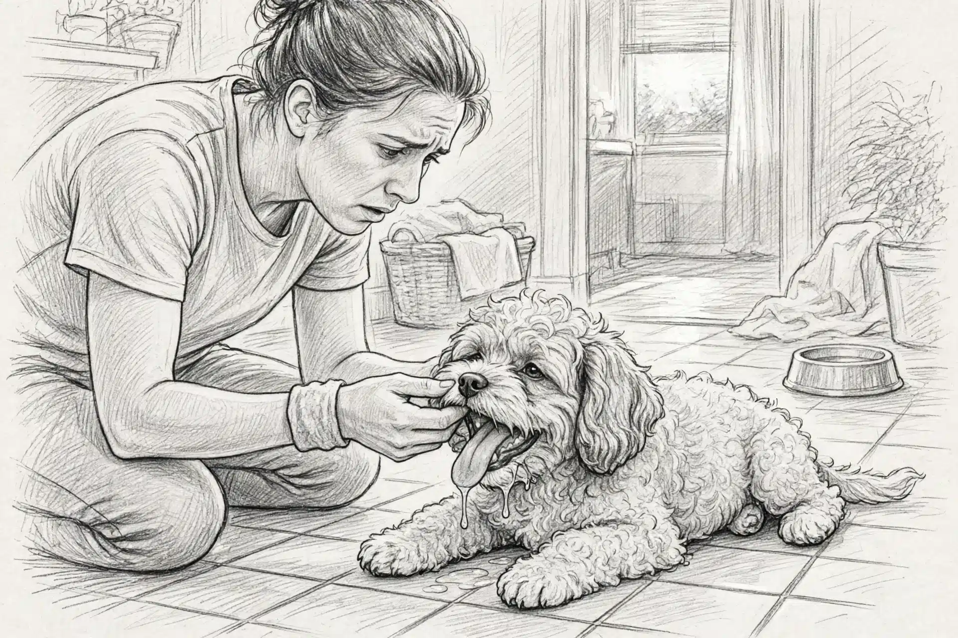 Pencil sketch of owner checking puppy gums indoors