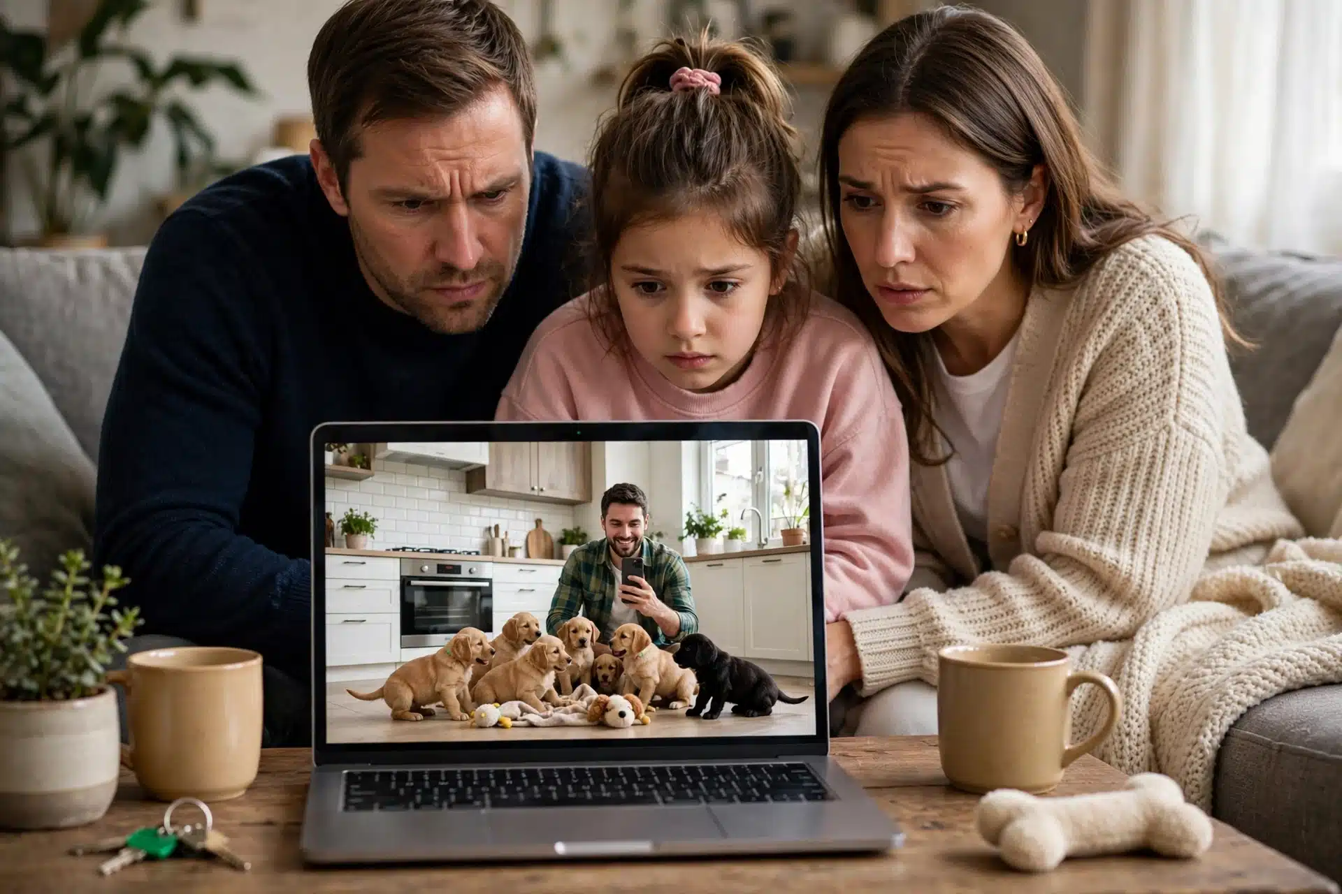 Family video call watching puppies in bright kitchen