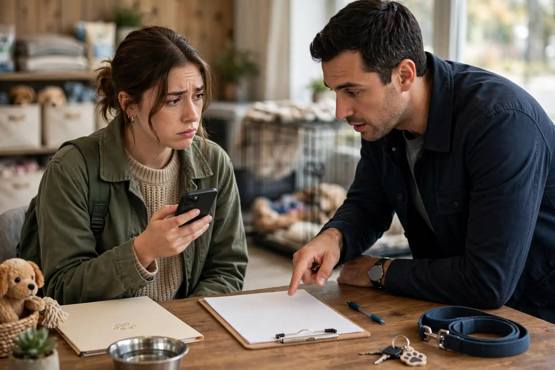Breeder pointing sternly at deposit form while buyer hesitates