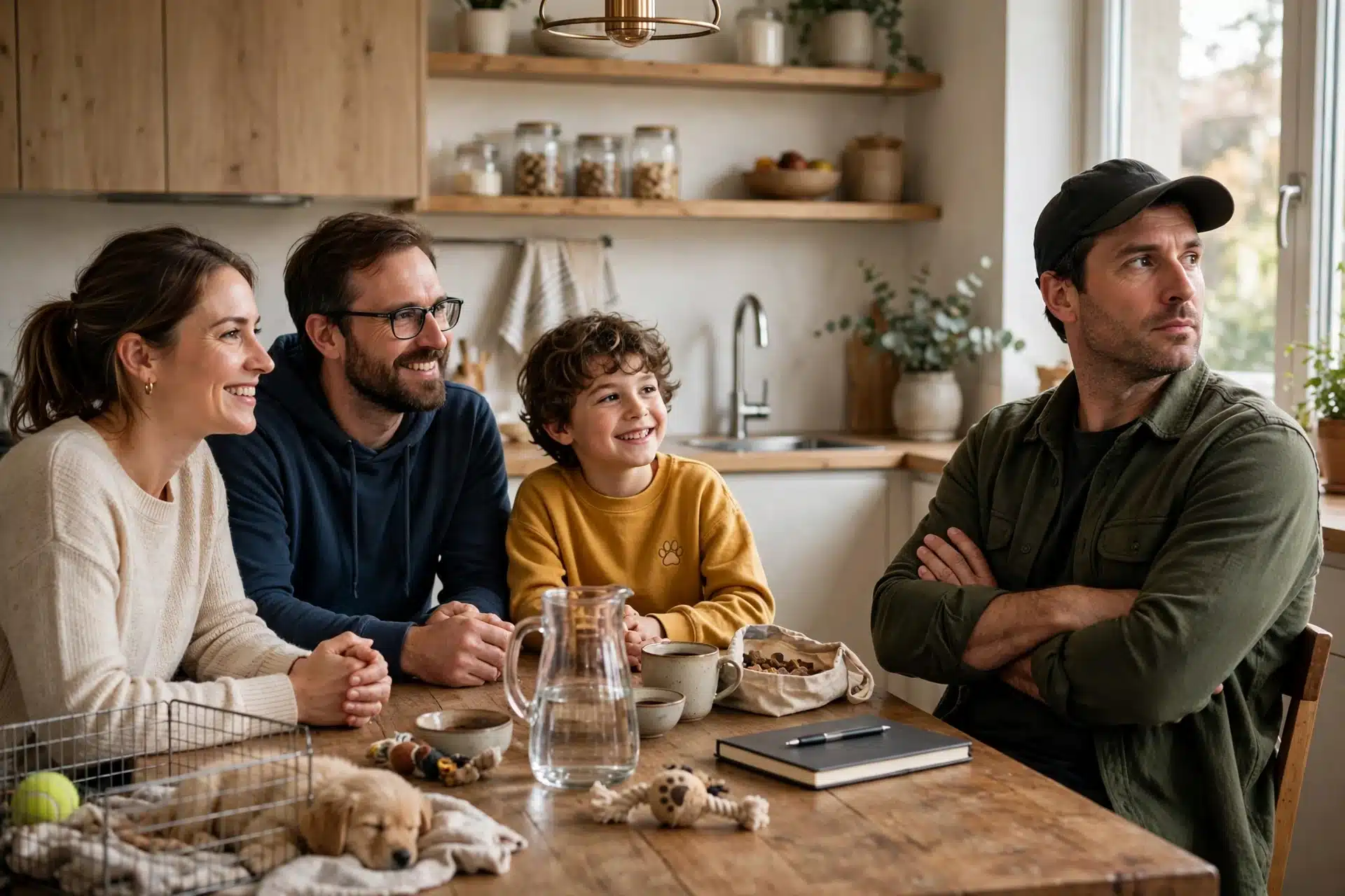 Breeder interviewing family with notebook at kitchen table