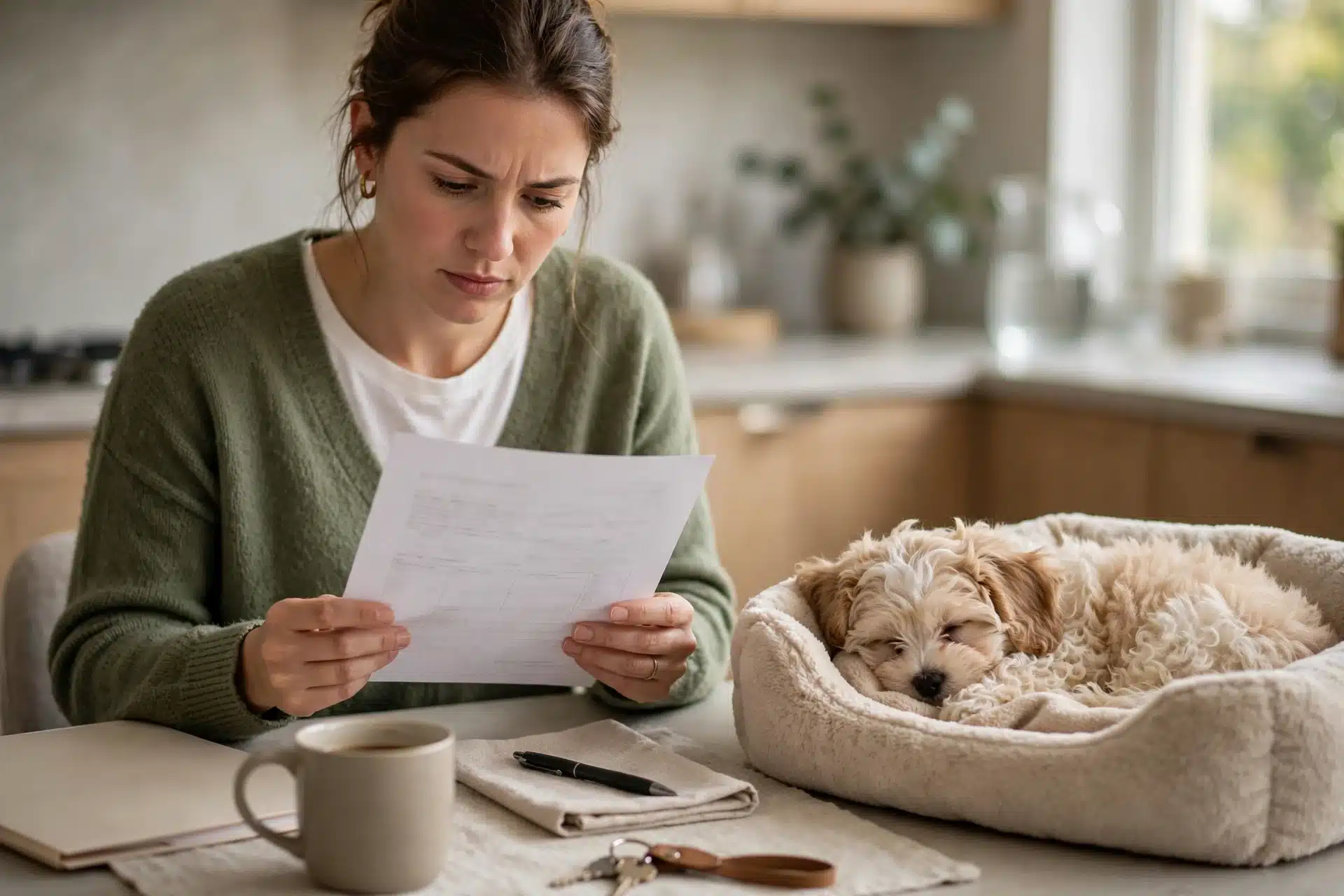 A buyer reading a puppy contract at a kitchen table