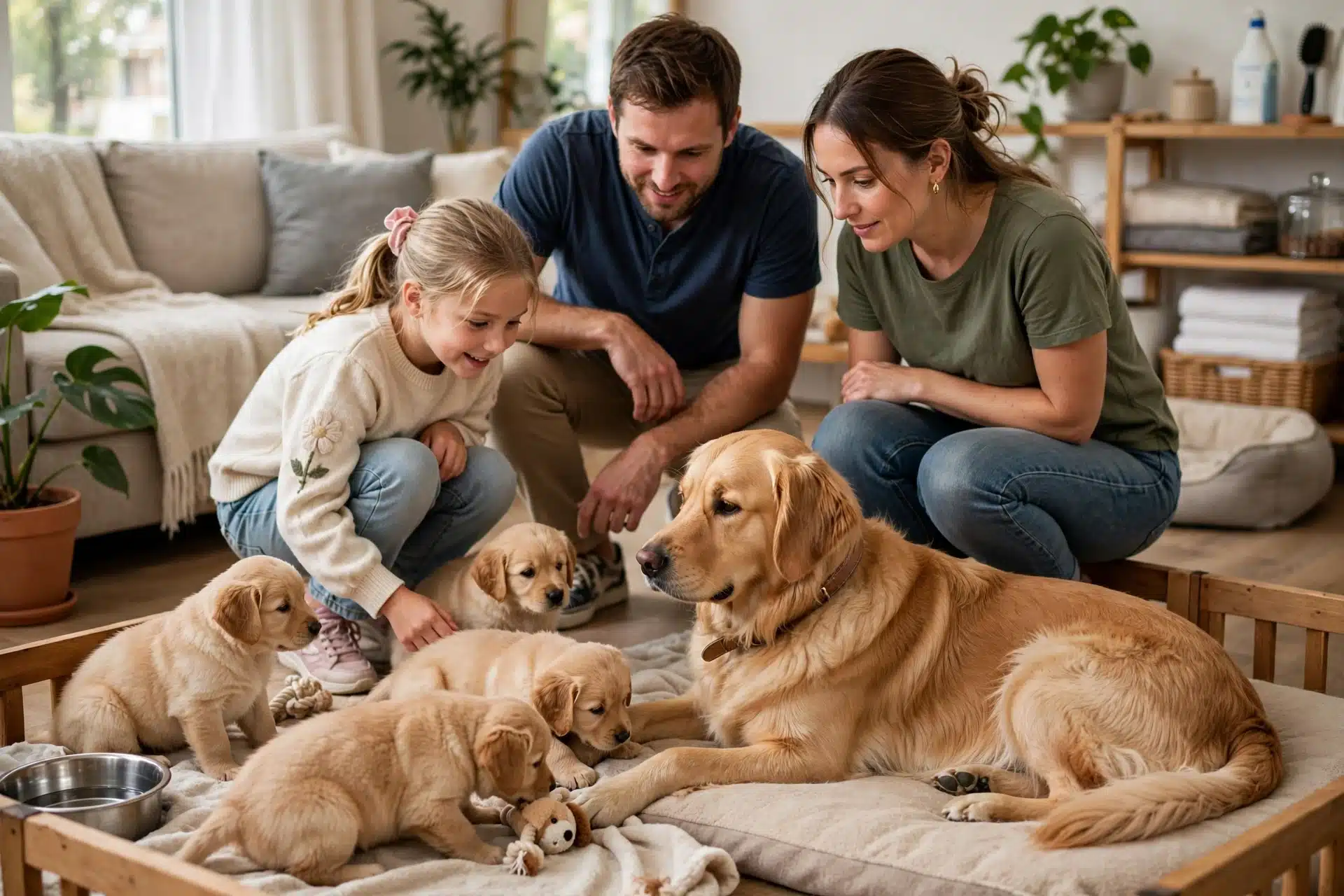 Family observing puppies and adult dog in living room
