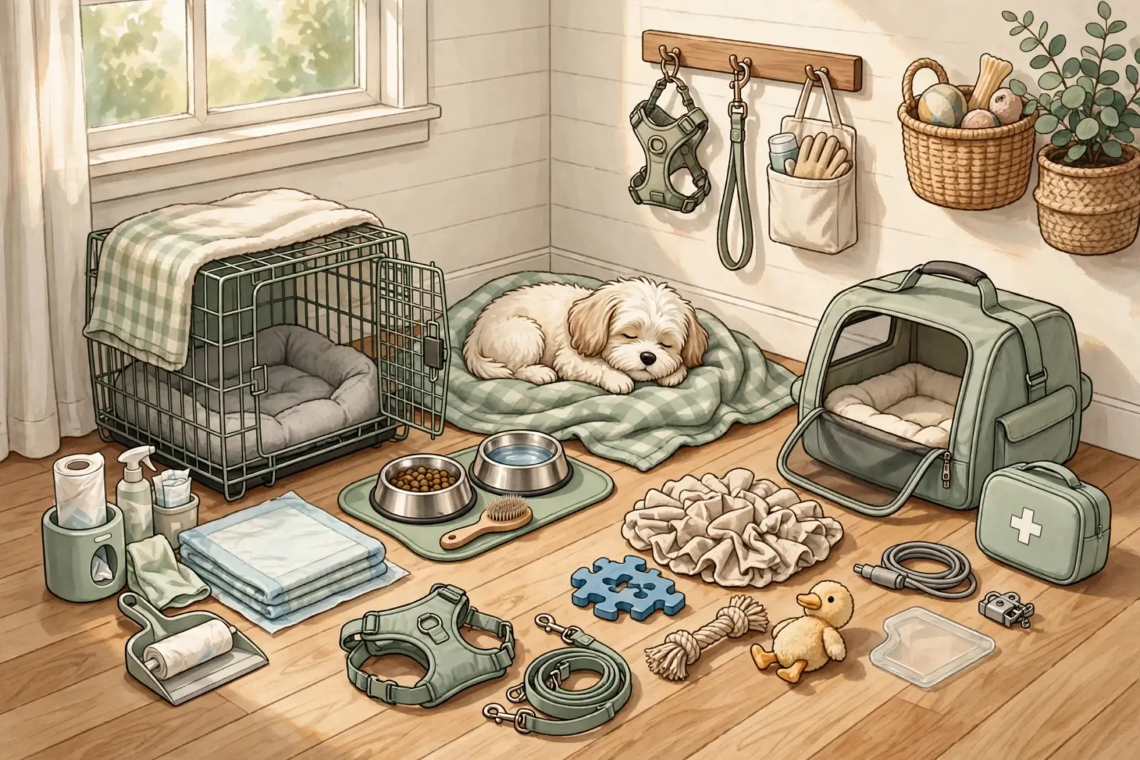 A cozy dog crate with a plaid blanket sits next to a sleeping puppy on a green mat. Nearby are puppy supplies like a carrier, bowls, leash, harness, and toys, creating a welcoming Alabama puppy starter kit scene.