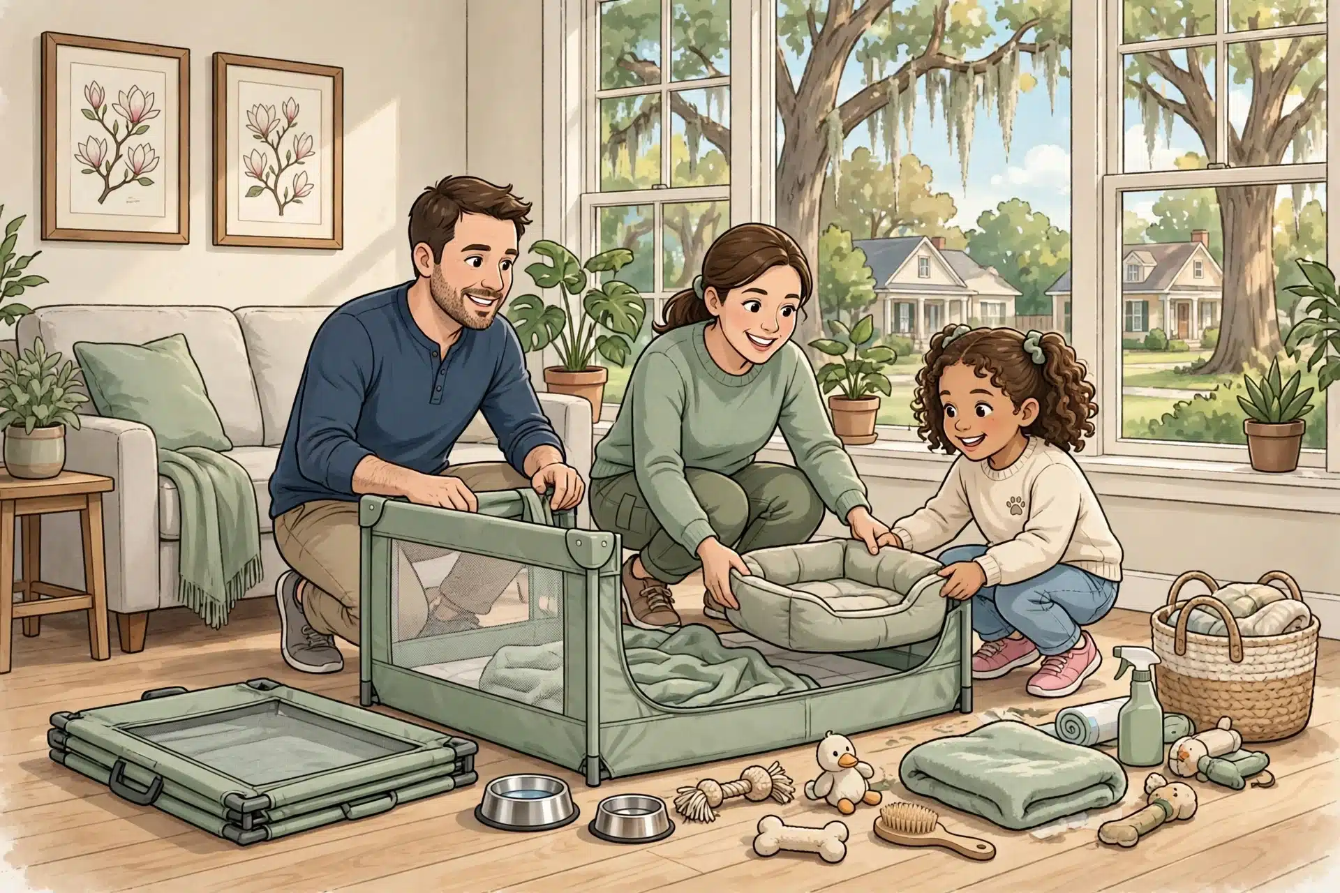 Family arranging puppy playpen in bright living room