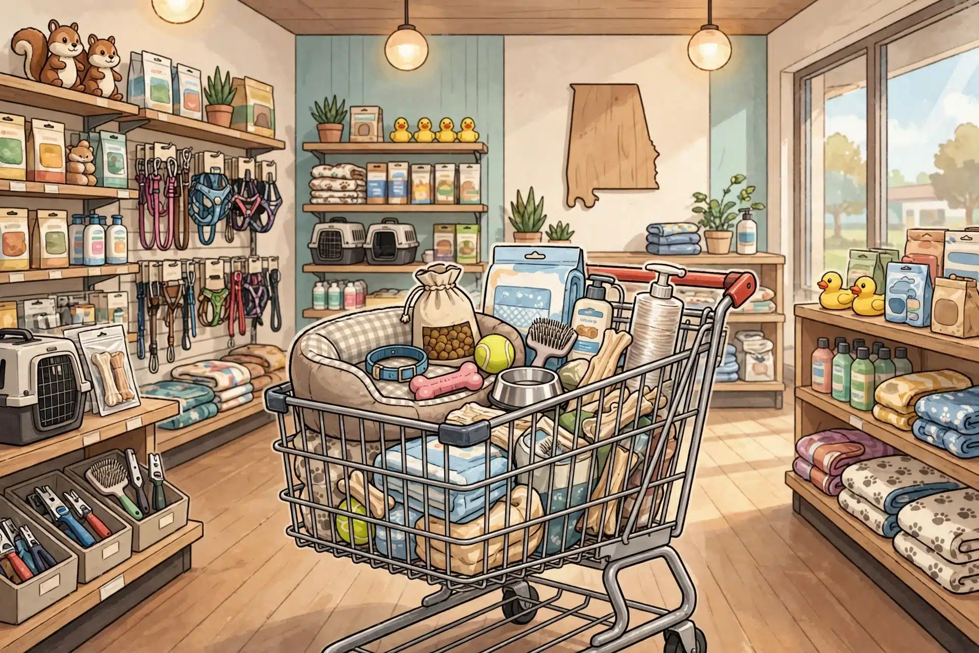 A shopping cart filled with puppy supplies in a bright pet store
