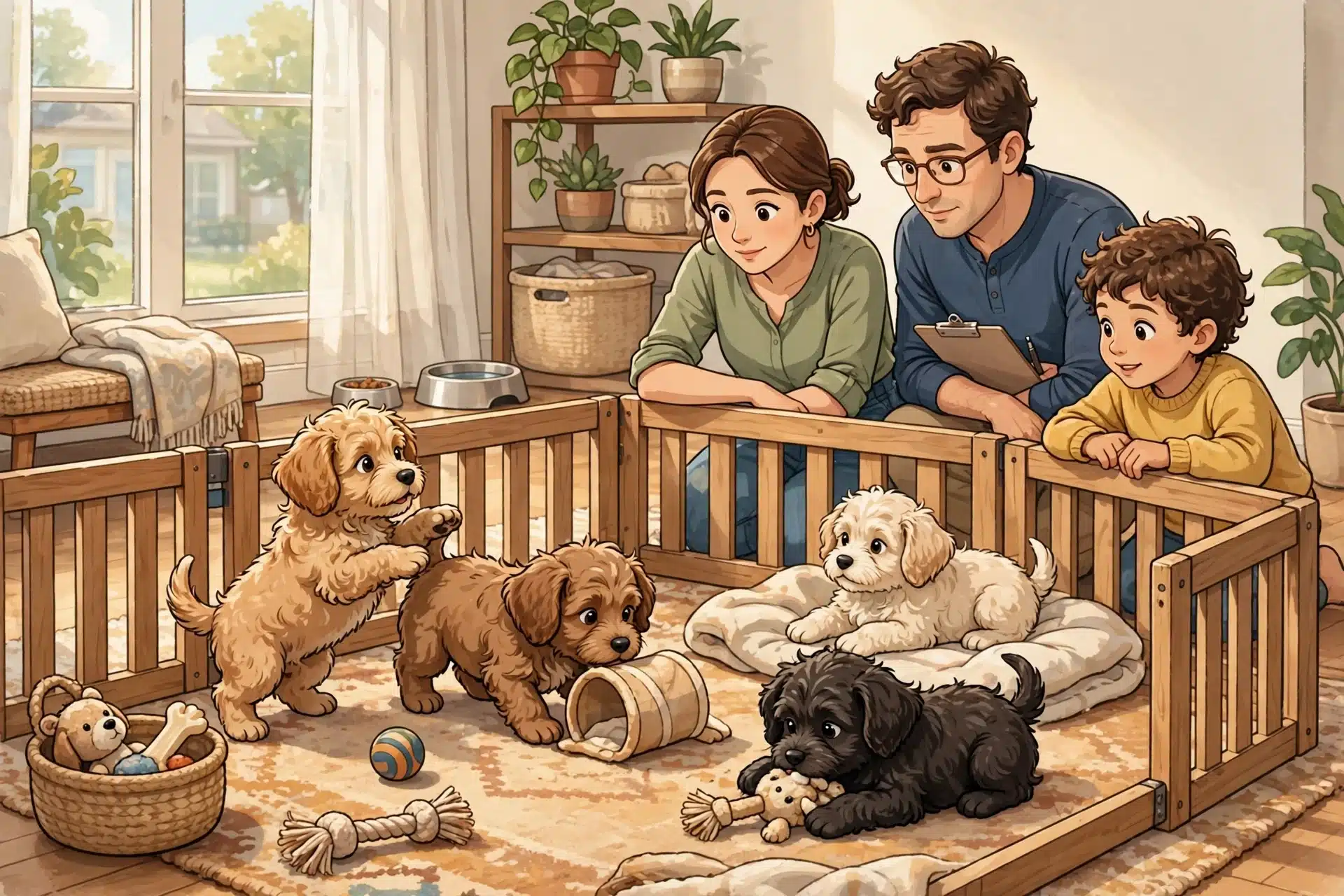 Breeder observes puppies exploring sunlit play area