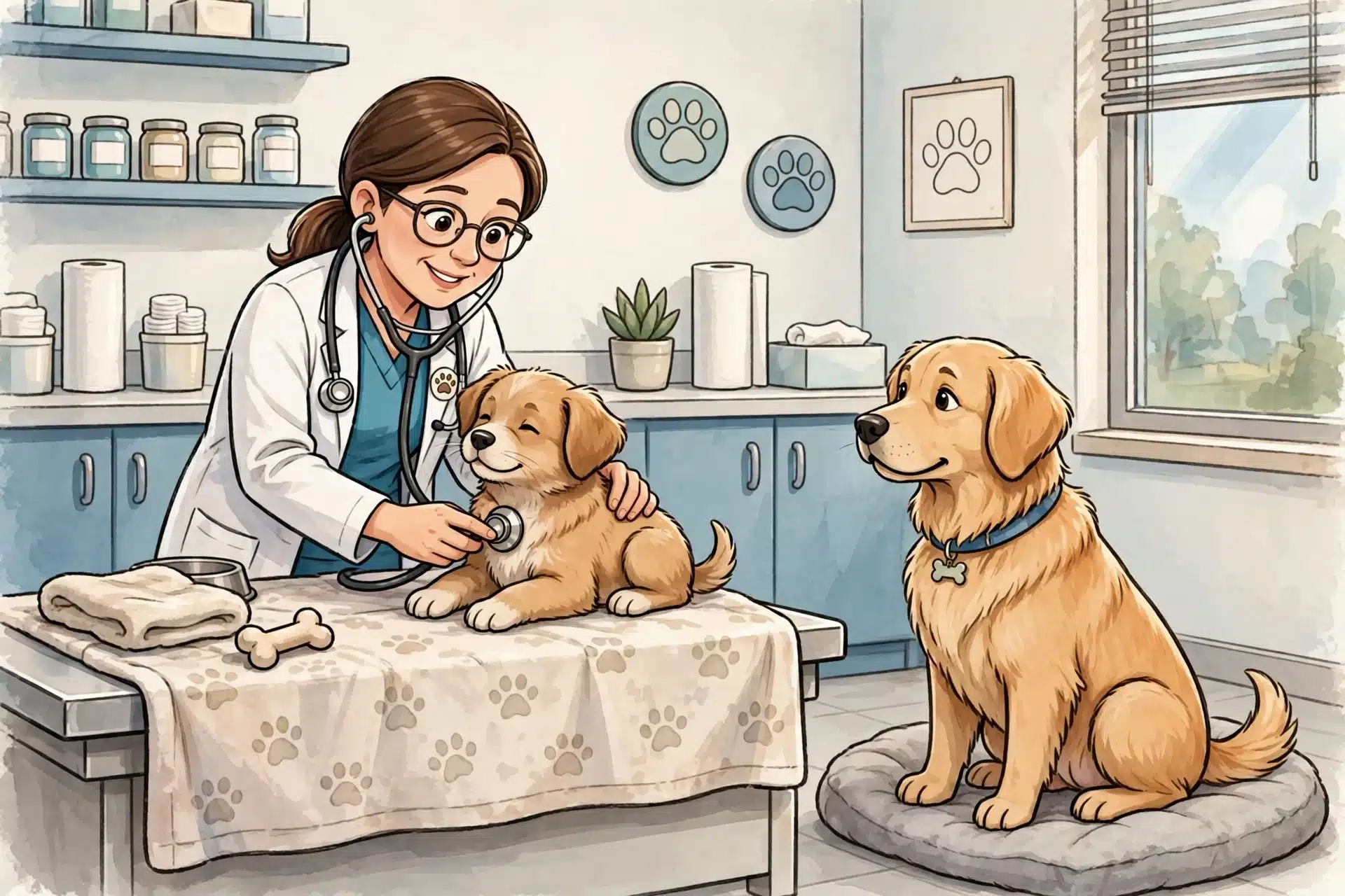 Veterinarian examining puppy as mother watches