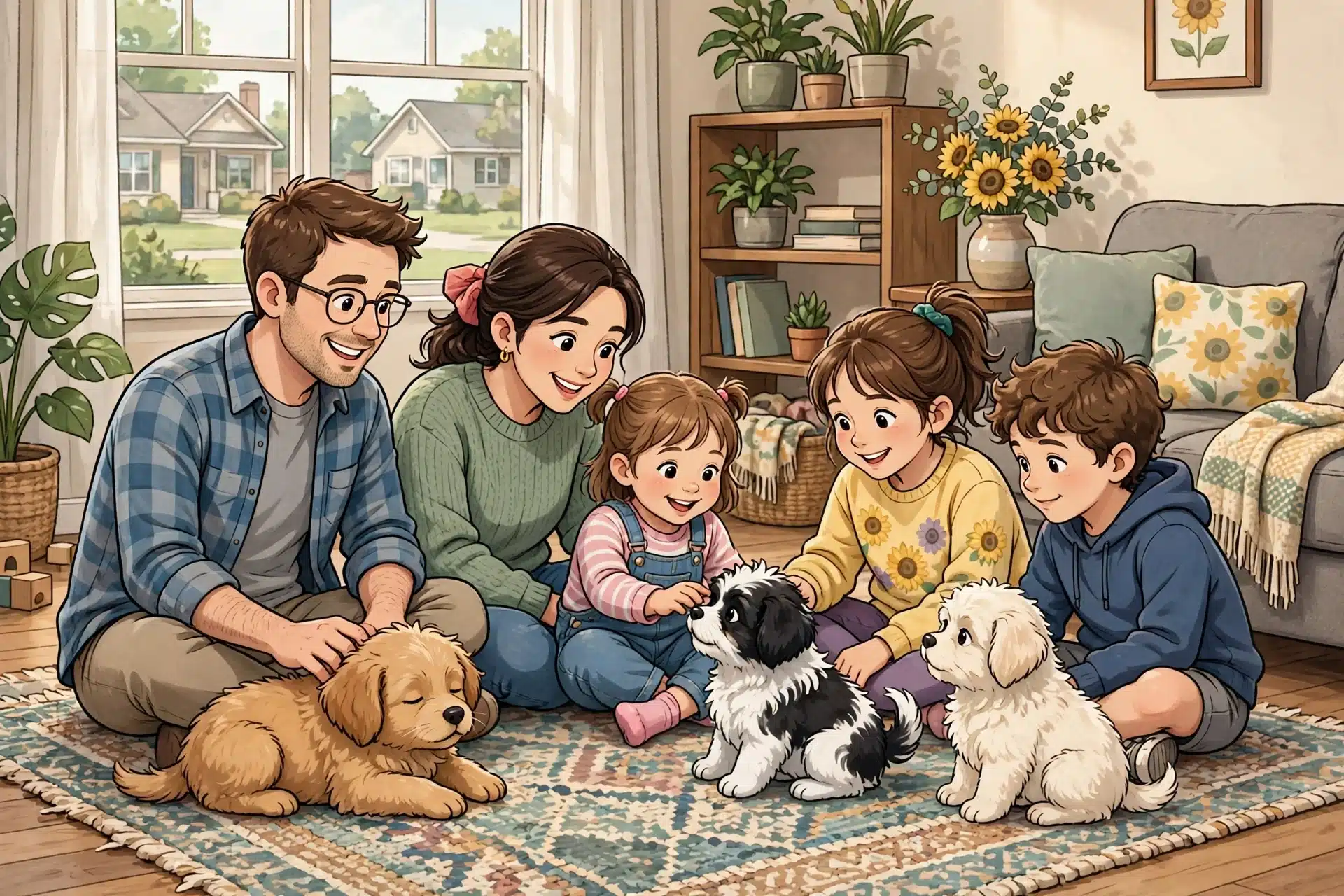 Kansas family choosing puppies on living room floor